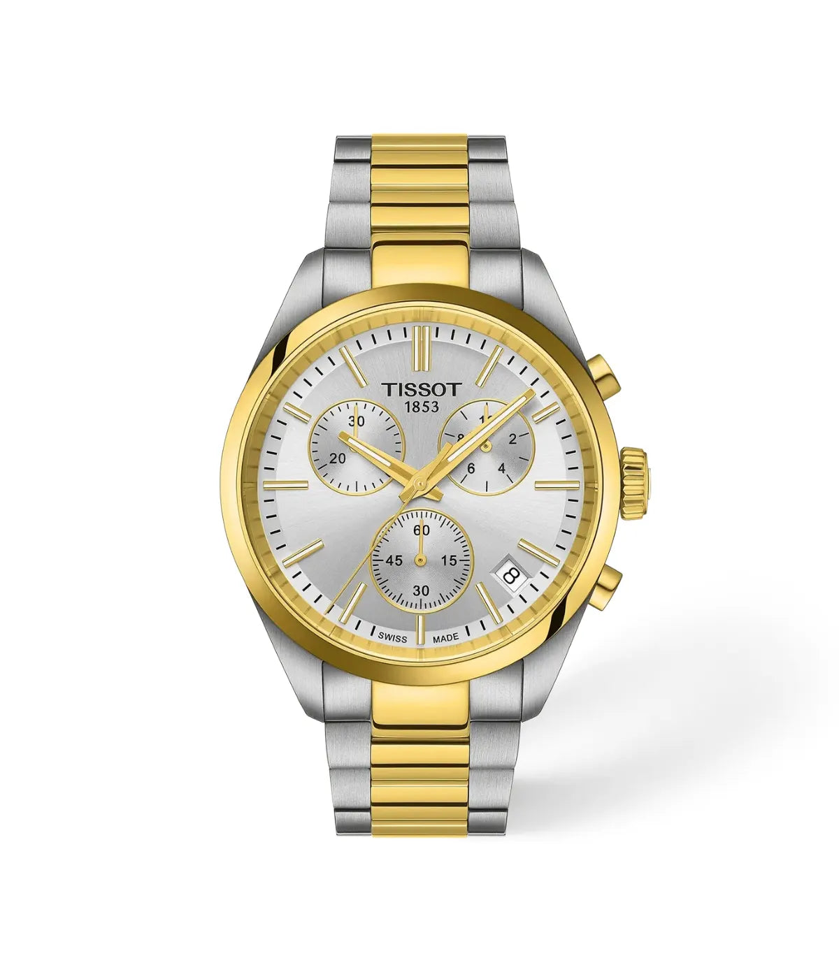 PR 100 40mm Two-Tone Quartz Chronograph Watch T1504172203100 front view - men's Tissot watch with silver dial and grey and gold-tone bracelet, available in Sri Lanka at Time Vault