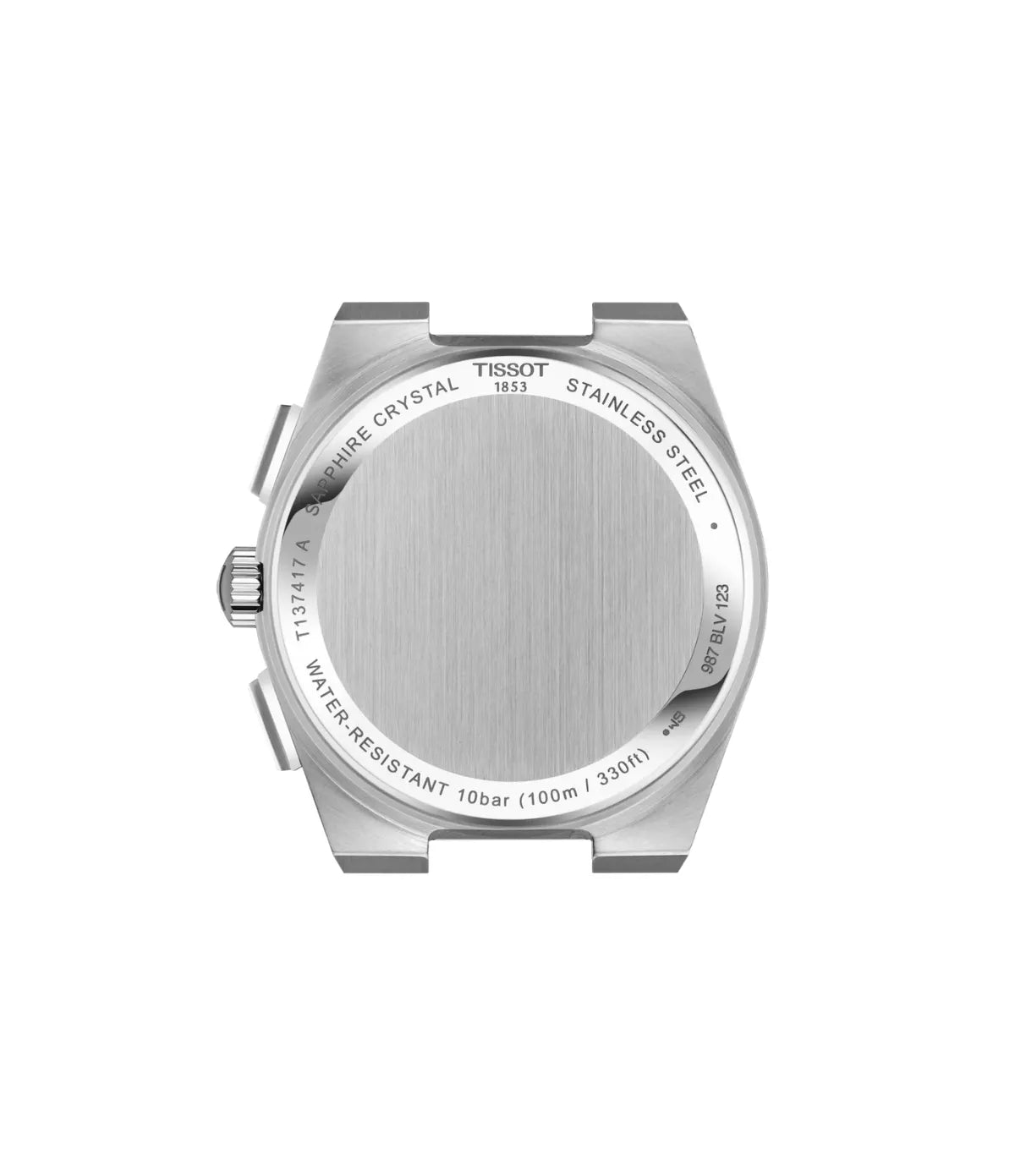 Back view of the Tissot PRX T1374171103100 showing the solid case back and silver stainless steel bracelet