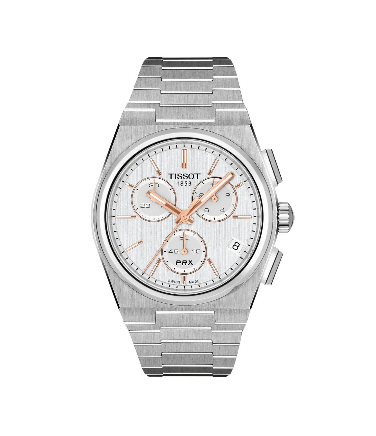 PRX 41mm Quartz Chronograph Silver Dial Stainless Steel Watch T1374171103100 front view - men's Tissot watch with silver dial and silver stainless steel bracelet, available in Sri Lanka at Time Vault