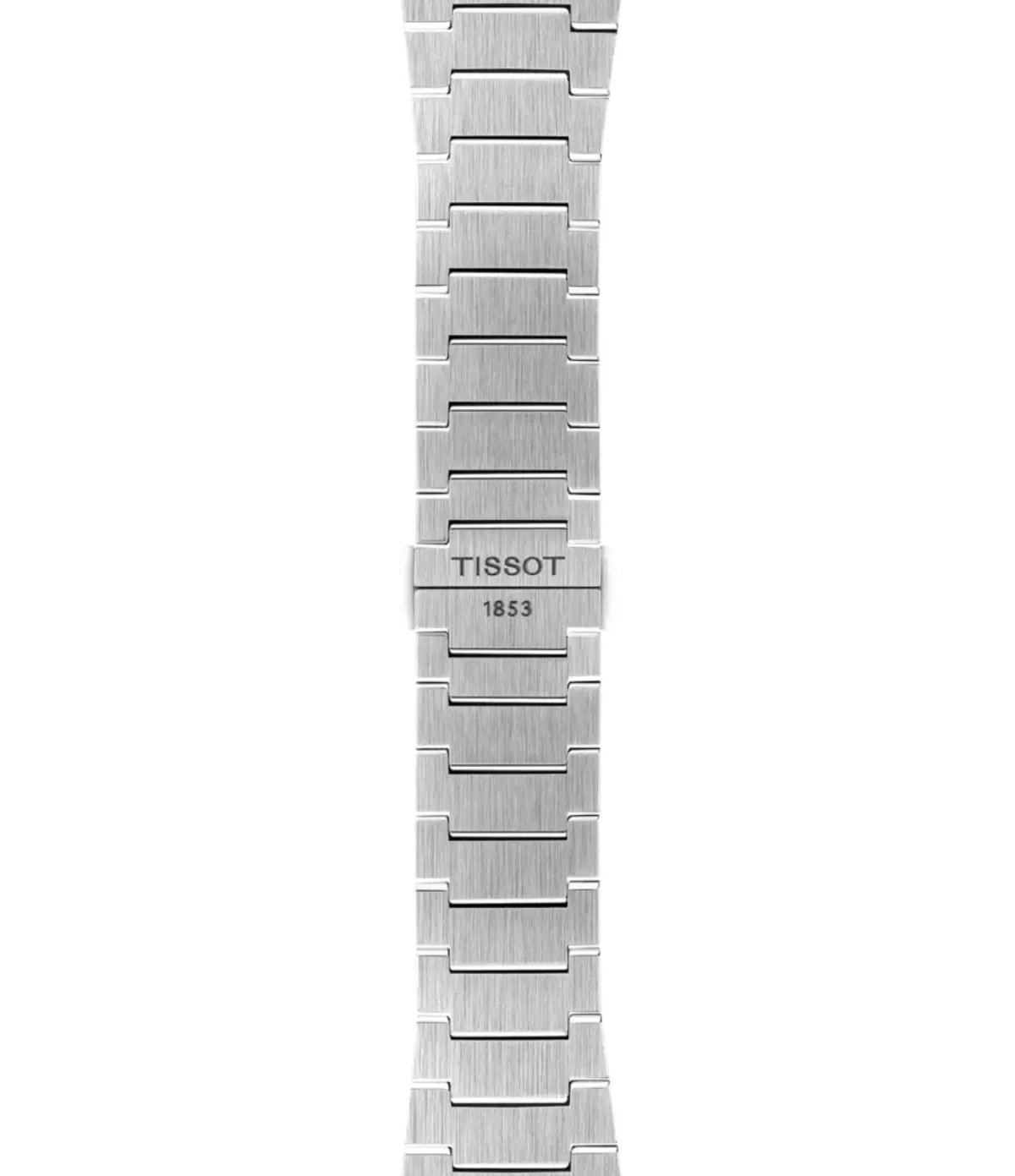 Strap of the Tissot PRX T1374171103100 showing the solid silver stainless steel bracelet