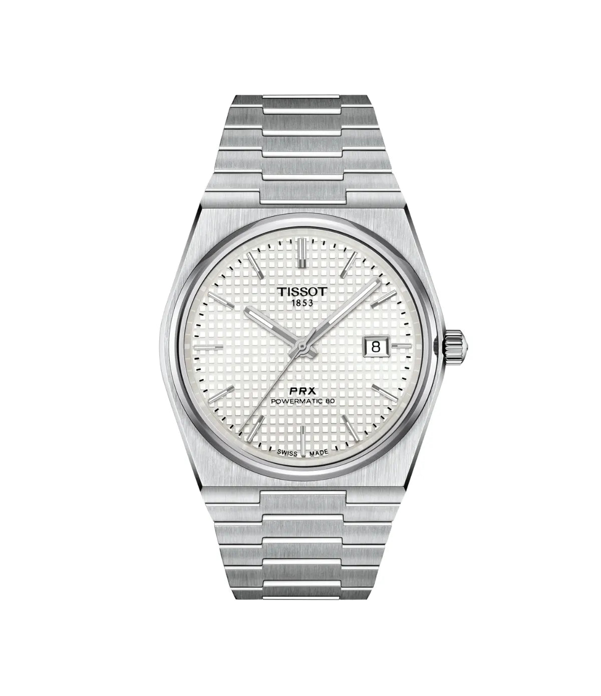 PRX Powermatic 80 40mm White Mother-of-Pearl Automatic Watch T1374071111100 front view - men's Tissot watch with white mother-of-pearl dial and silver stainless steel bracelet, available in Sri Lanka at Time Vault