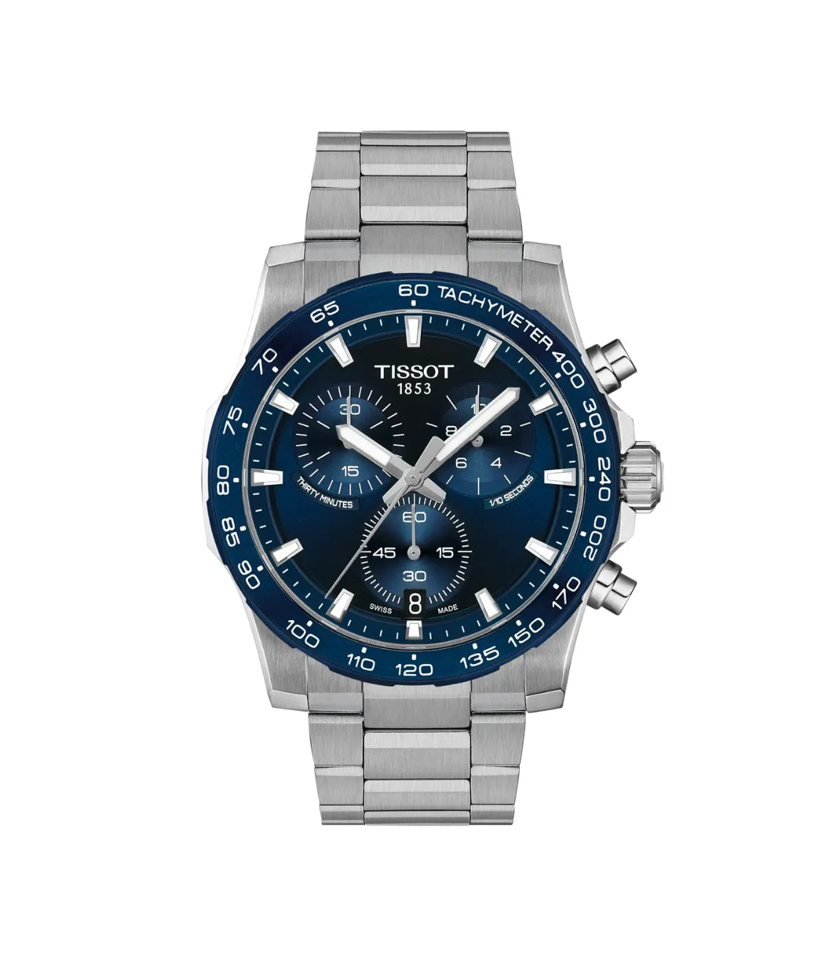 Supersport Chrono 42mm Blue Dial Stainless Steel Watch T1254171104100 front view - men's Tissot watch with blue dial and silver stainless steel bracelet, available in Sri Lanka at Time Vault