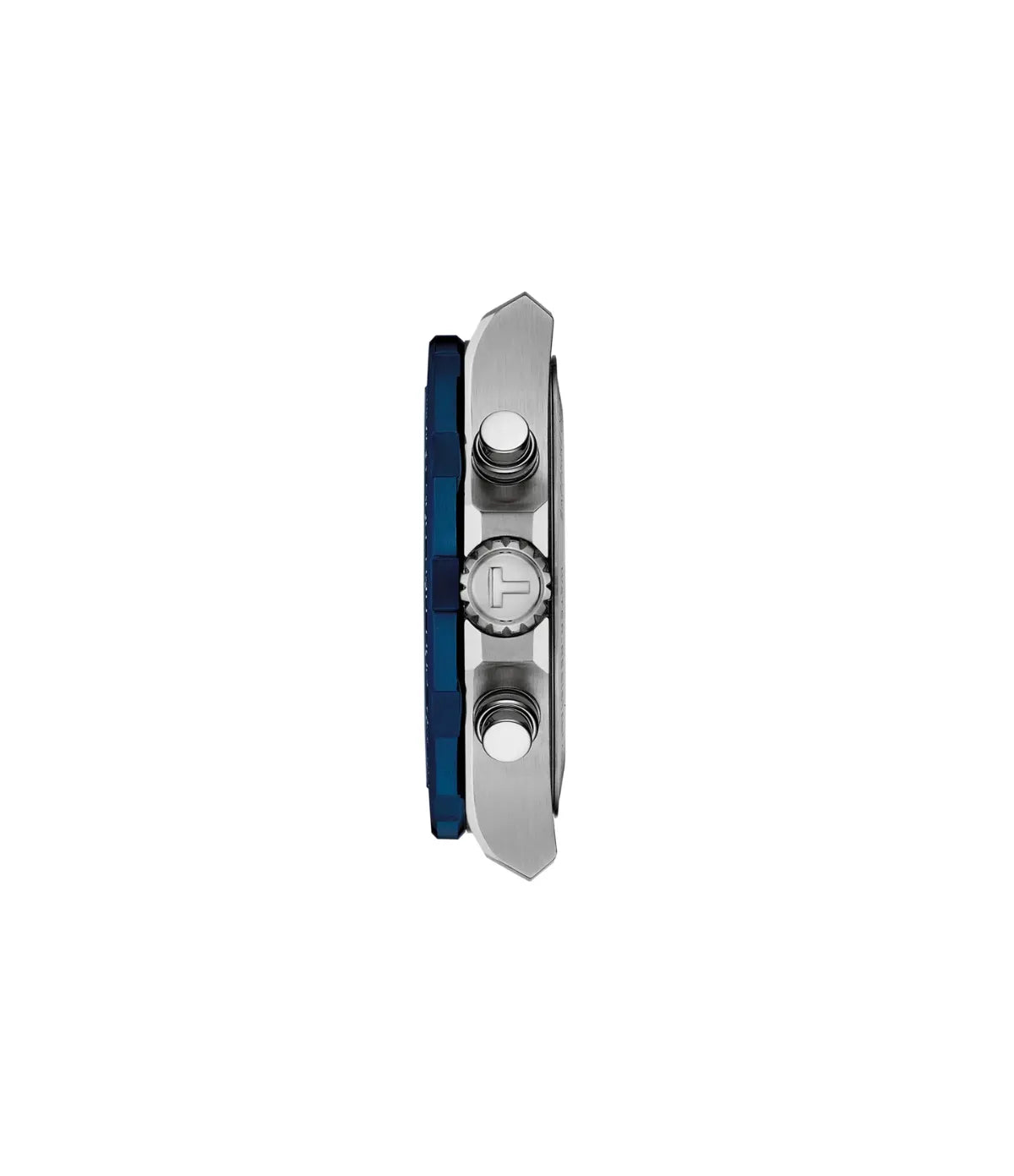 Side profile of the Tissot Supersport Chrono T1254171104100 showing the 316l stainless steel with pvd-coated details case, crown and chronograph pushers and silver stainless steel bracelet