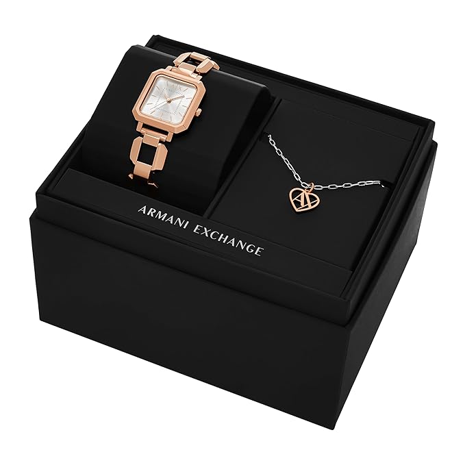 Armani Exchange Leila Three-Hand Rose Gold-Tone Watch with Necklace