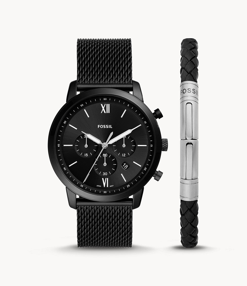Fossil Chronograph Black Stainless Steel Mesh Watch And Bracelet Box Set