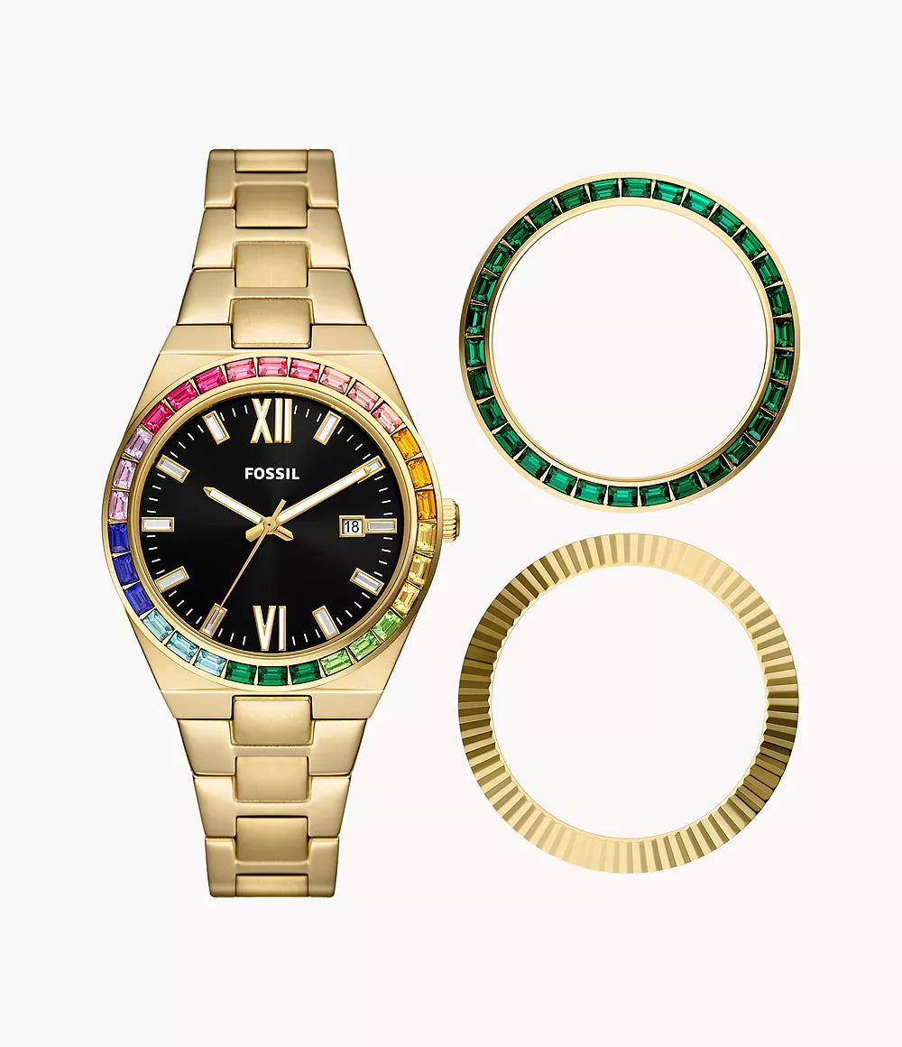 Scarlette Three-Hand Date Gold-Tone Stainless Steel Watch And Tropping Box Set