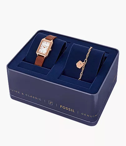 Fossil Raquel Three-Hand Date Medium Brown Leather Watch and Bracelet Set
