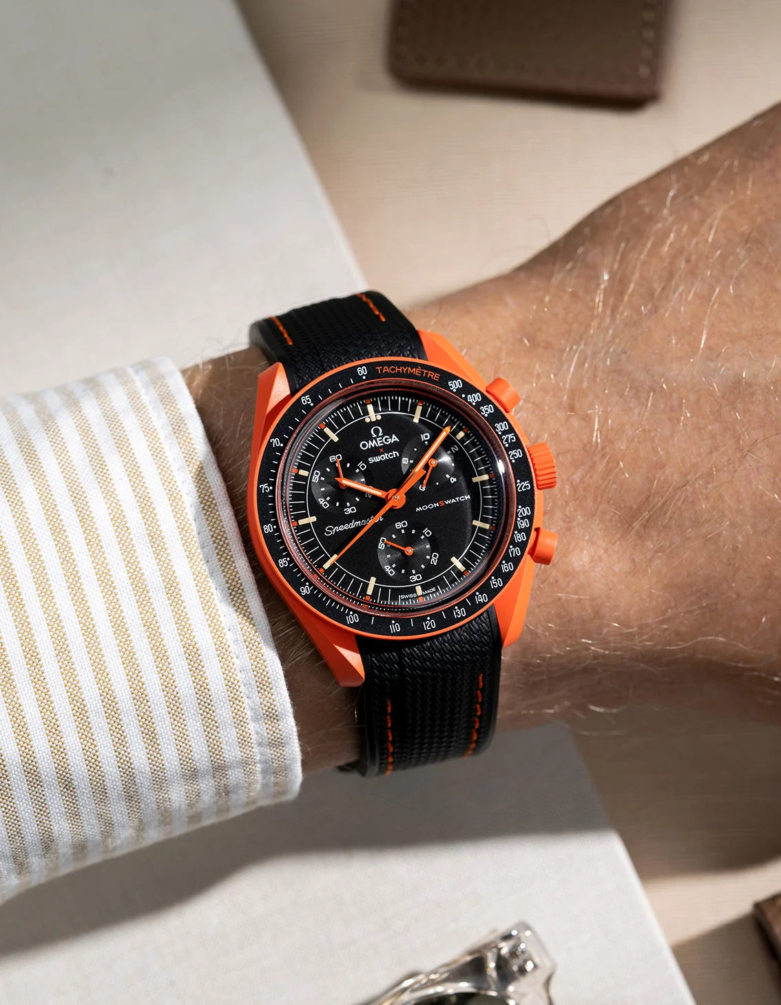 Curved Premium Rubber Strap - Black and Orange Stitches