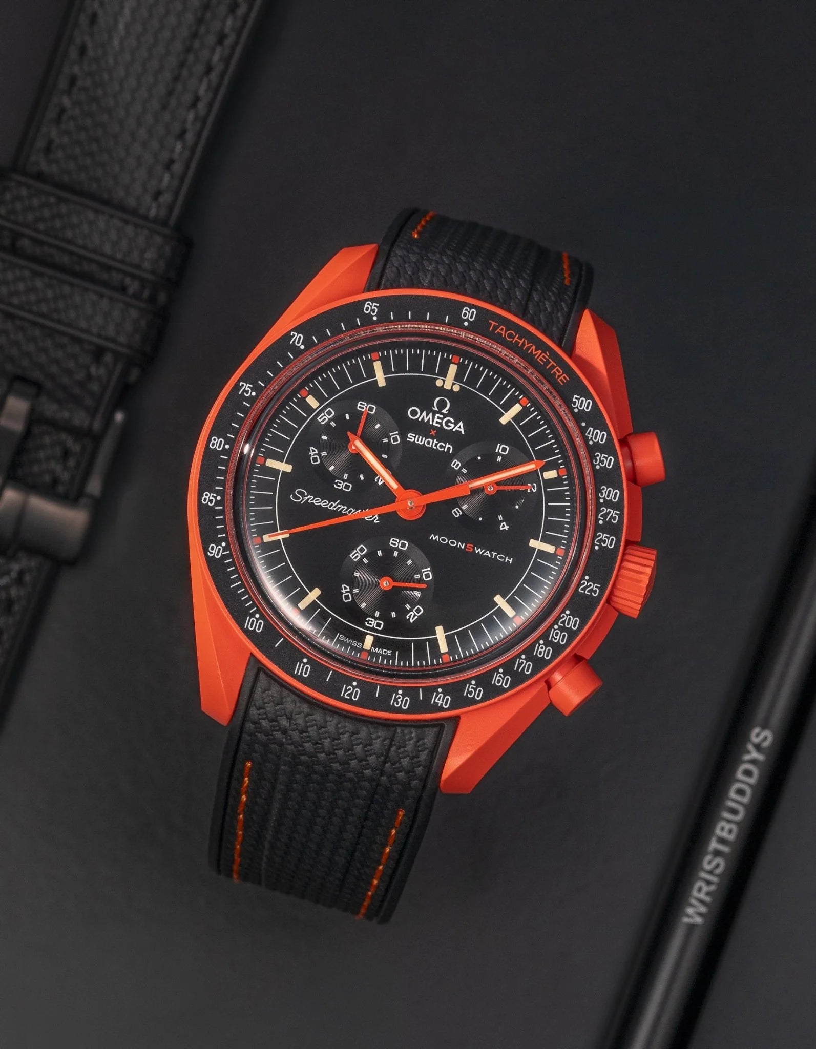 Curved Premium Rubber Strap - Black and Orange Stitches