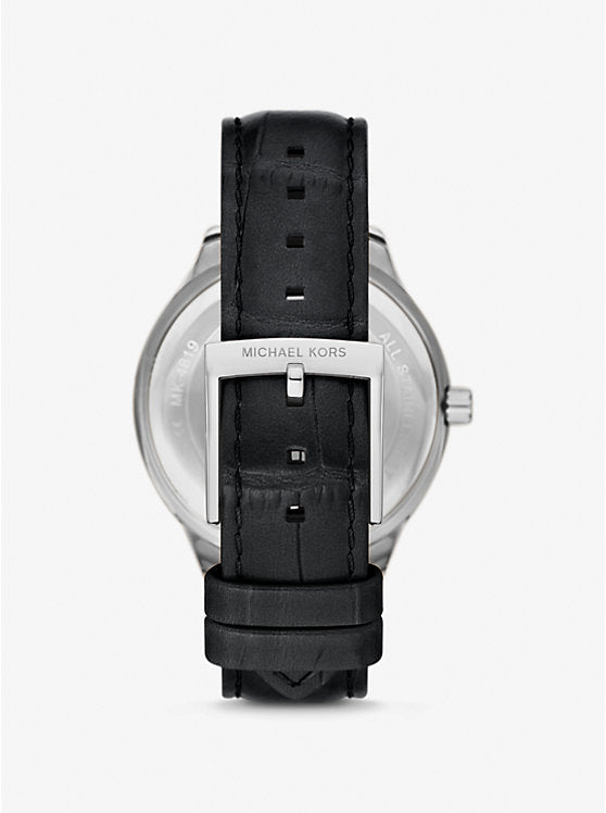 Michael Kors Sage Three-Hand Mother Of Pearl White Dial Black Leather Strap Watch