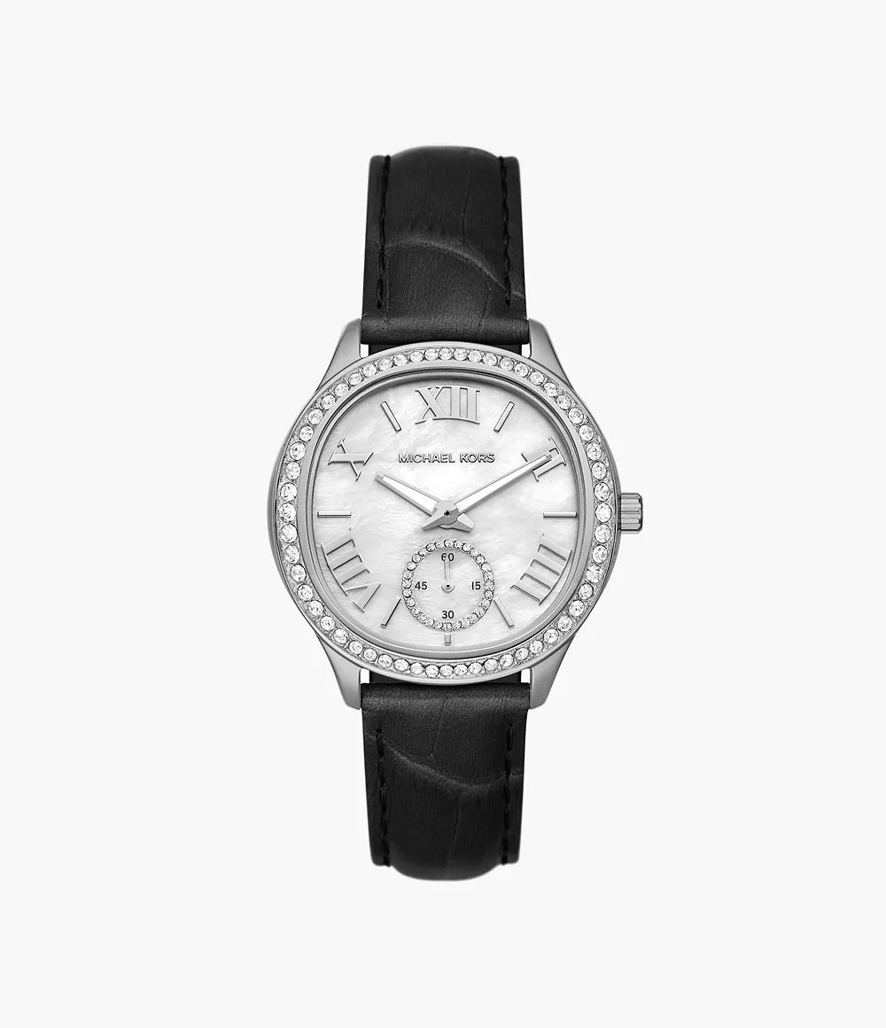 Michael Kors Sage Three-Hand Mother Of Pearl White Dial Black Leather Strap Watch