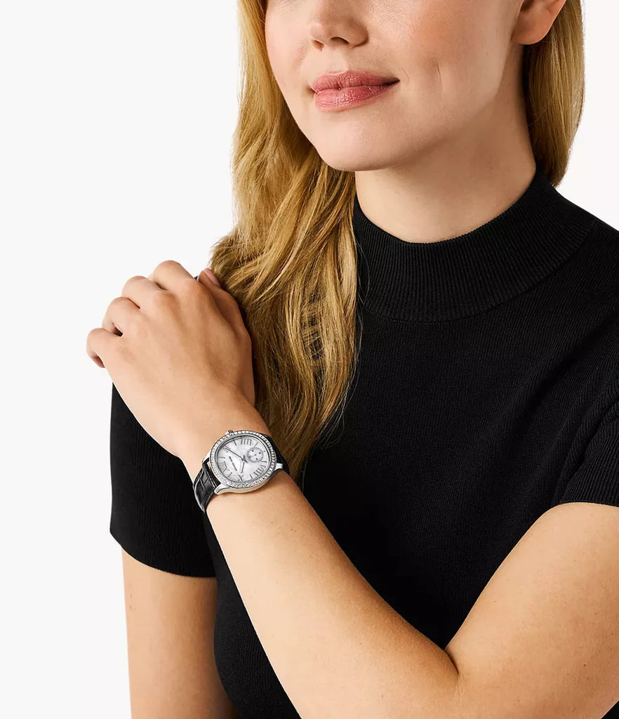 Michael Kors Sage Three-Hand Mother Of Pearl White Dial Black Leather Strap Watch