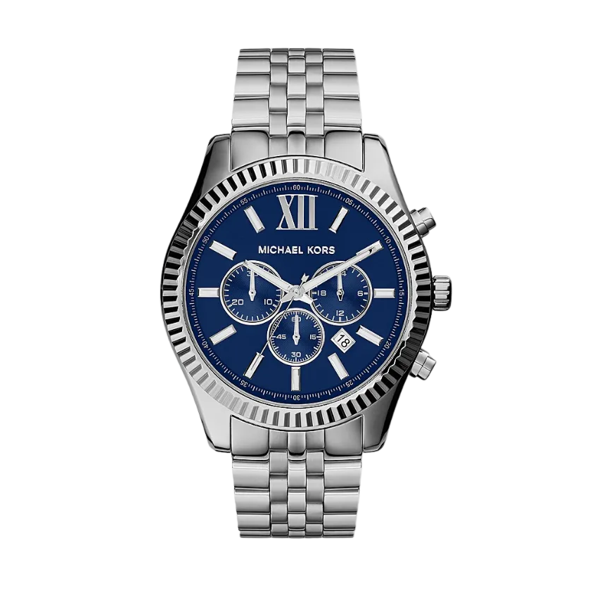 Michael Kors MK8280 lexington watch with blue dial and silver bracelet.
