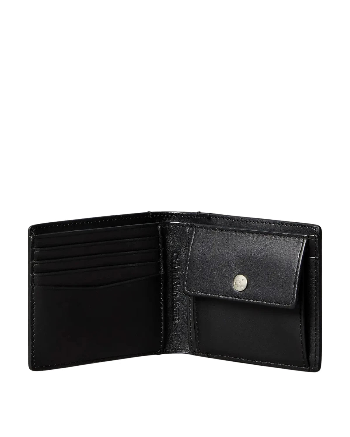 Open interior of the Calvin Klein Allover Monogram Logo Bifold Wallet with Coin Pouch displaying card slots, bill compartment, and integrated coin pouch.