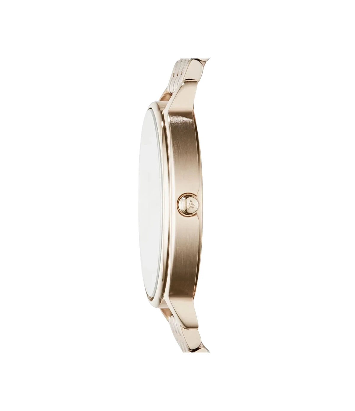 Side profile of the Emporio Armani Kappa AR11062 showing the rose gold case, 32mm case and rose gold stainless steel bracelet