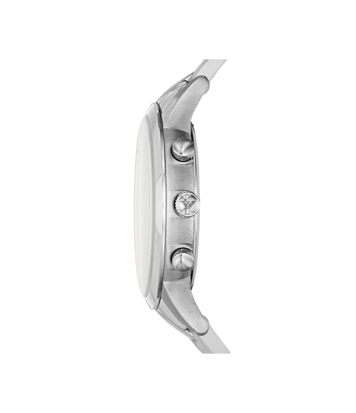 Side profile of the Emporio Armani Renato AR11164 showing the silver case, 43mm case and silver stainless steel bracelet