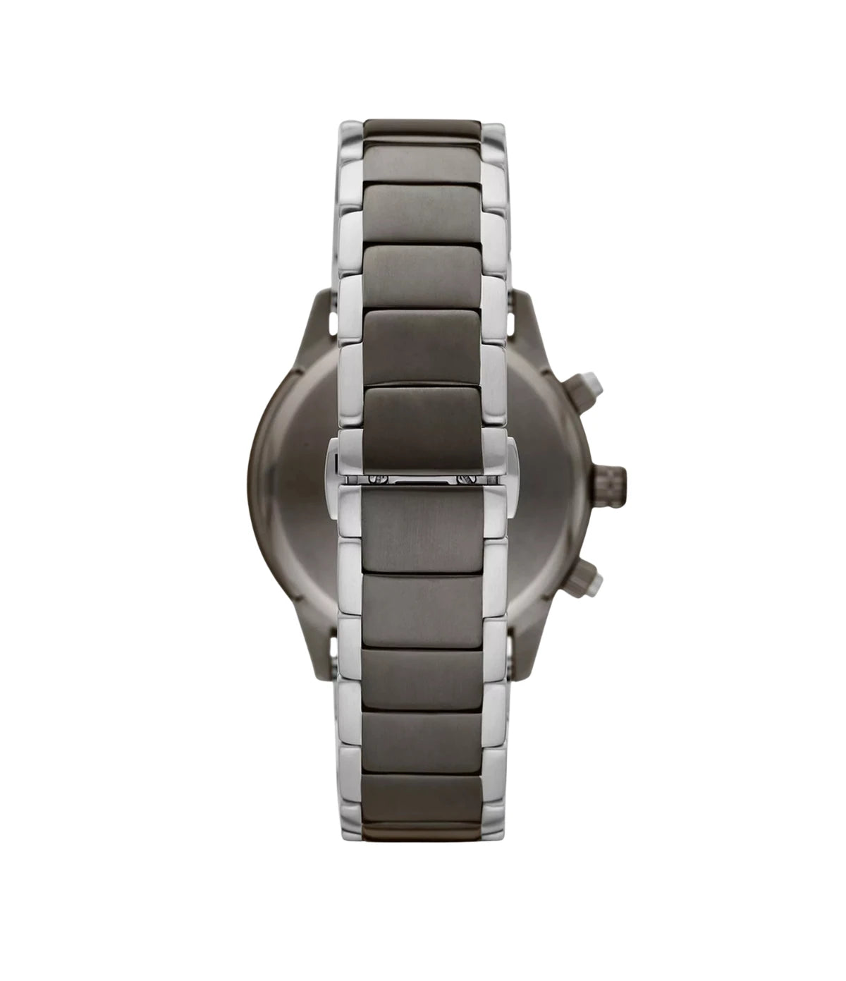 Back view of the Emporio Armani Mario AR11391 showing the silver case and grey/silver stainless steel bracelet