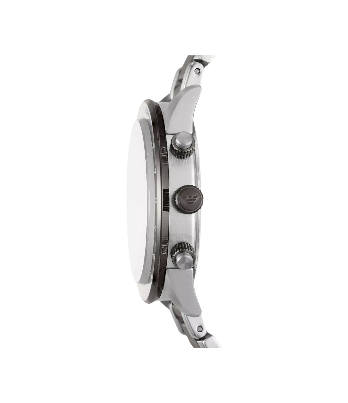 Side profile of the Emporio Armani Mario AR11391 showing the silver case, 44mm case and grey/silver stainless steel bracelet