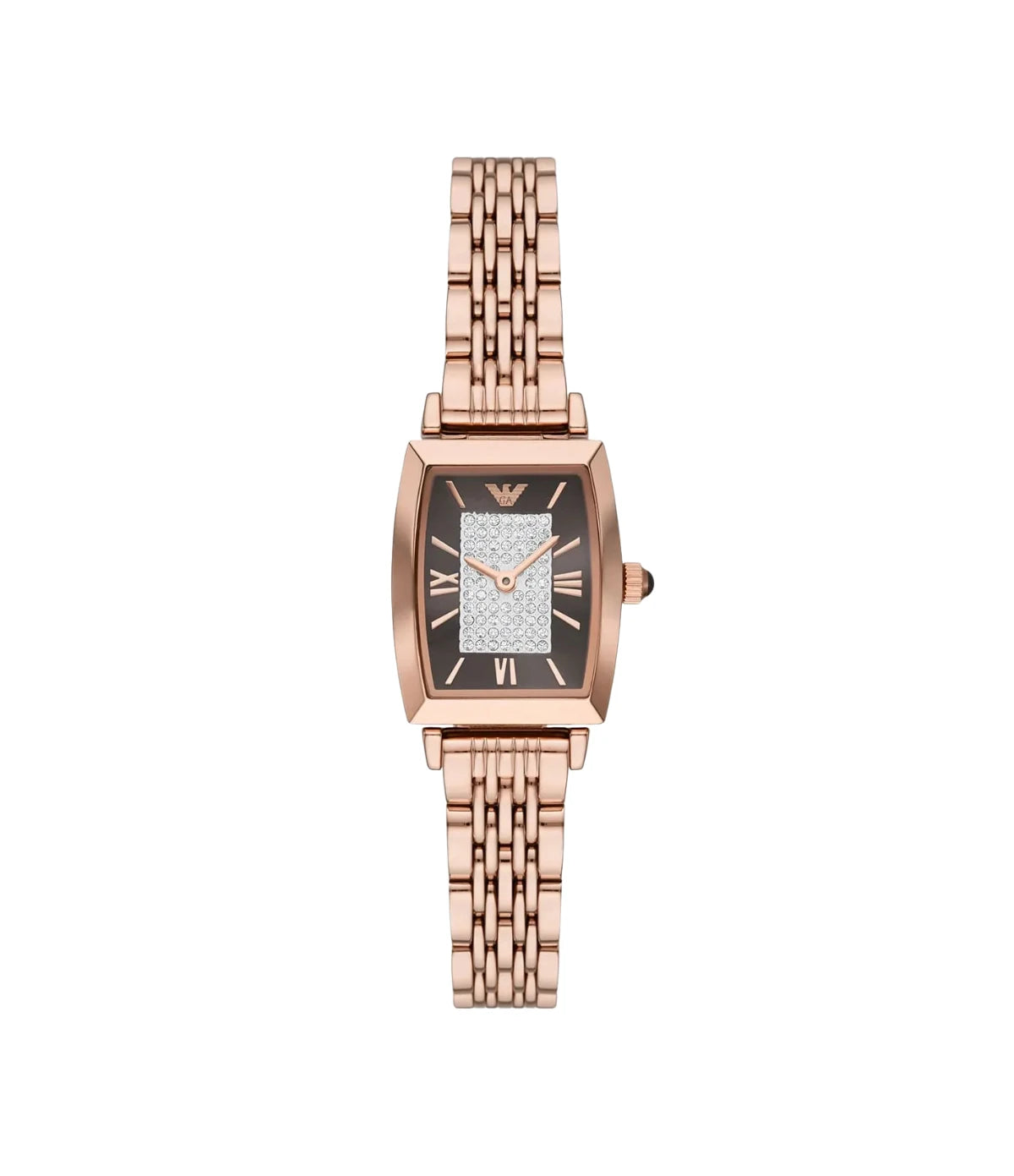 Emporio Armani Gianni T-Bar AR11407 front view - women's watch with brown dial and rose gold stainless steel bracelet, available in Sri Lanka at TimeVault