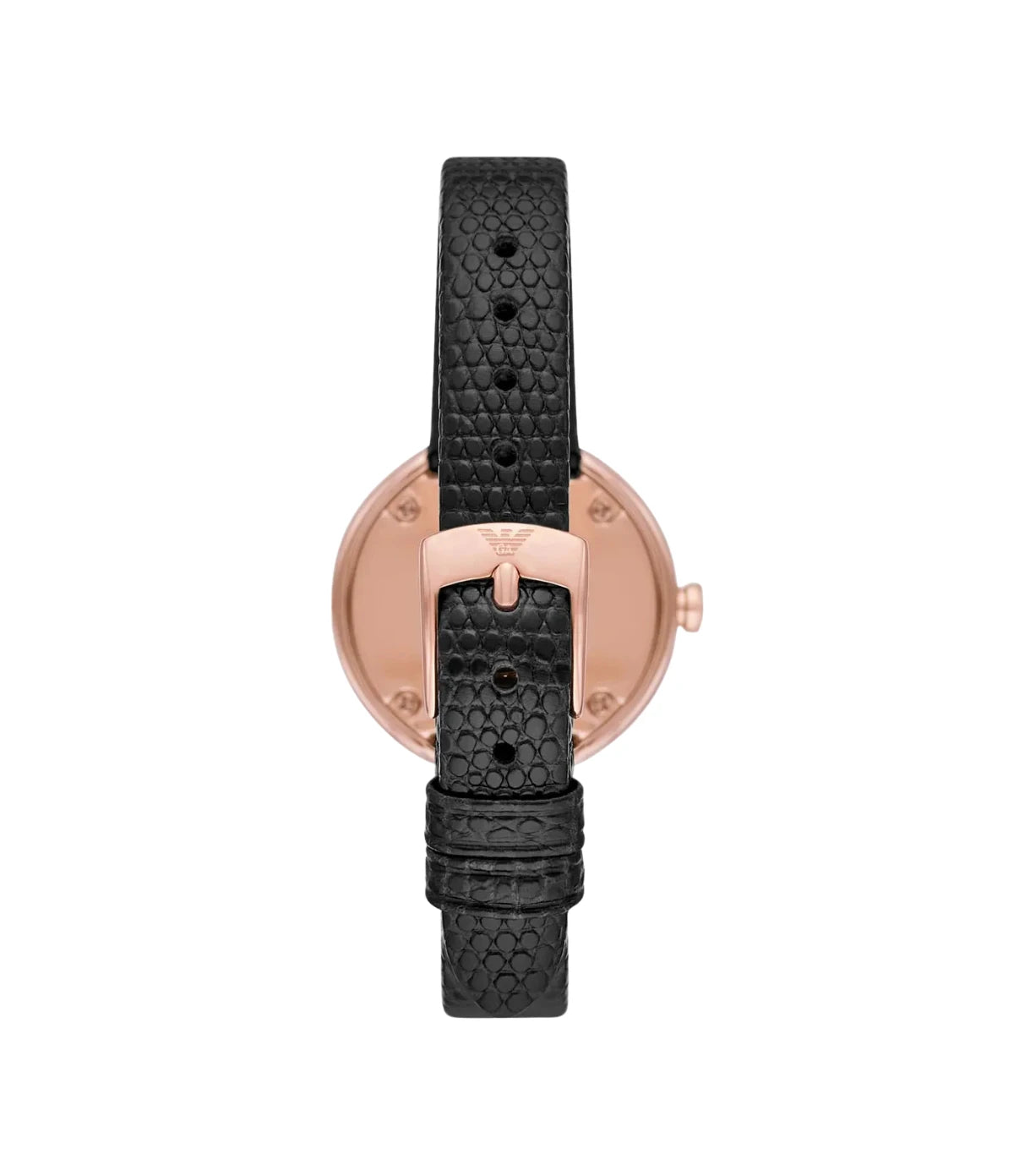 Back view of the Emporio Armani Rosa AR11493 showing the rose gold case and black genuine leather strap