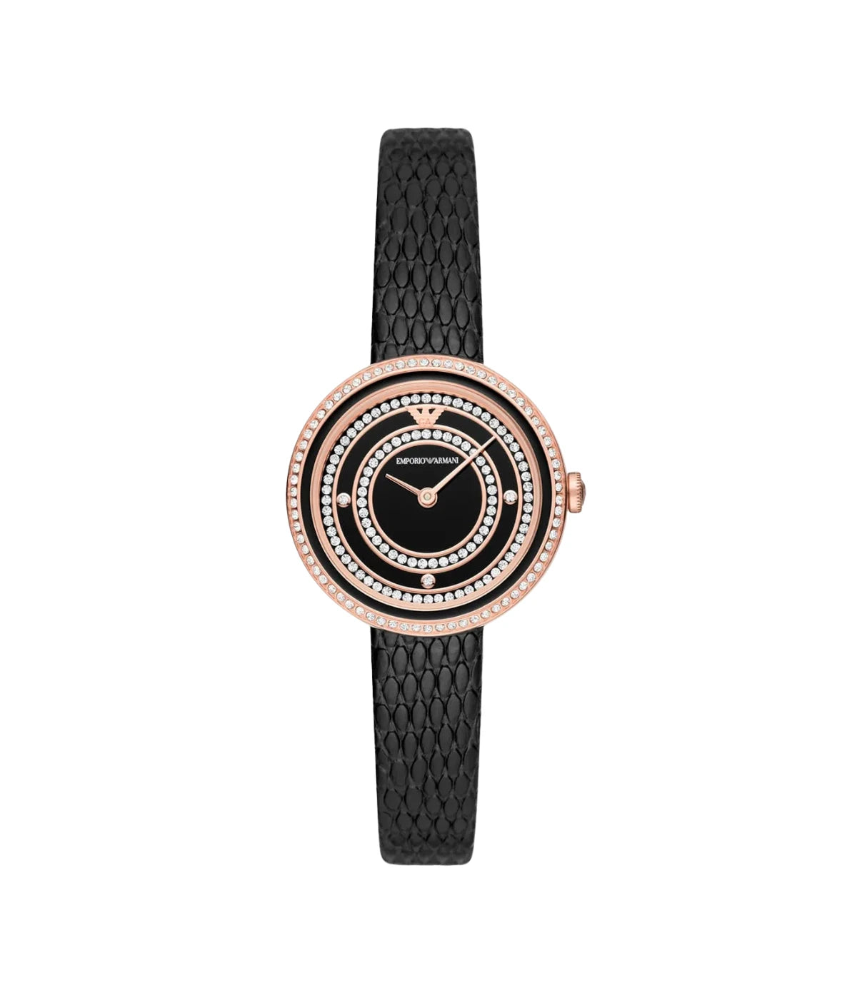 Emporio Armani Rosa AR11493 front view - women's watch with black dial and black genuine leather strap, available in Sri Lanka at TimeVault