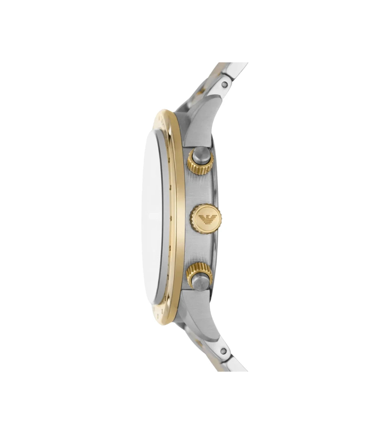 Side profile of the Emporio Armani Mario AR11521 showing the two-tone silver/gold case, 43mm case and two-tone silver/gold stainless steel bracelet