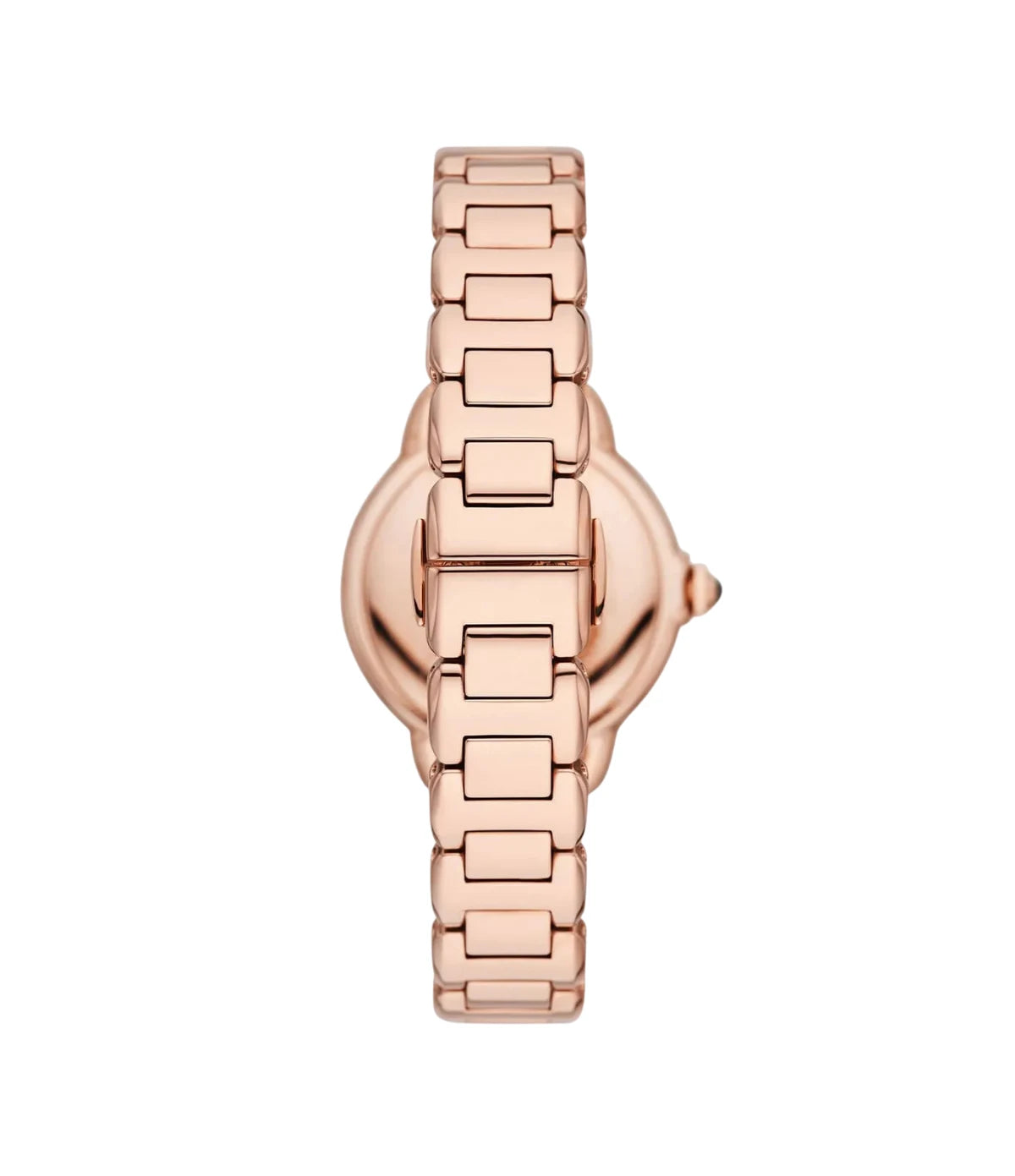 Back view of the Emporio Armani Mia AR11570 showing the rose gold case and rose gold stainless steel bracelet
