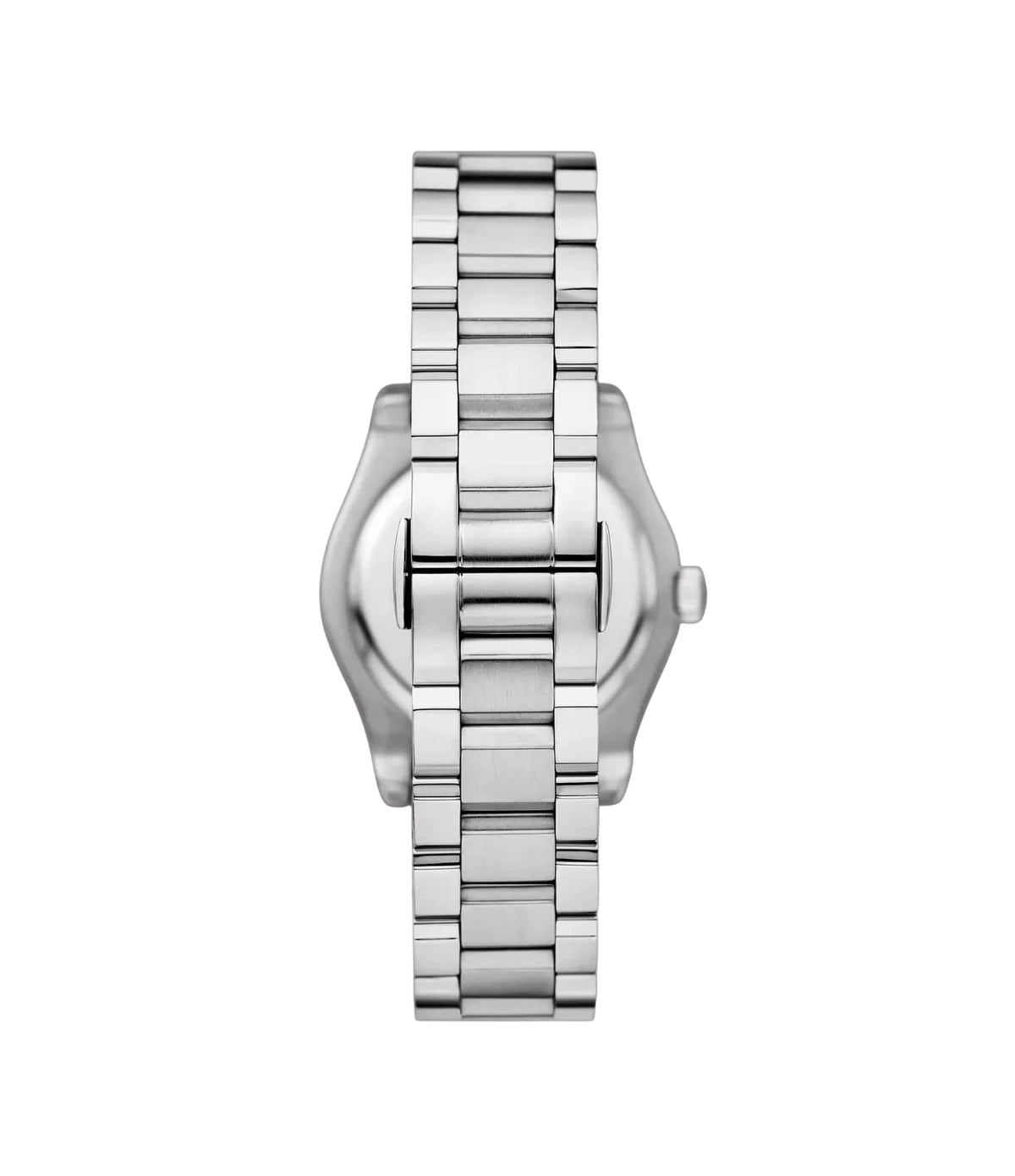 Back view of the Emporio Armani Federica AR11593 showing the silver case and silver stainless steel bracelet