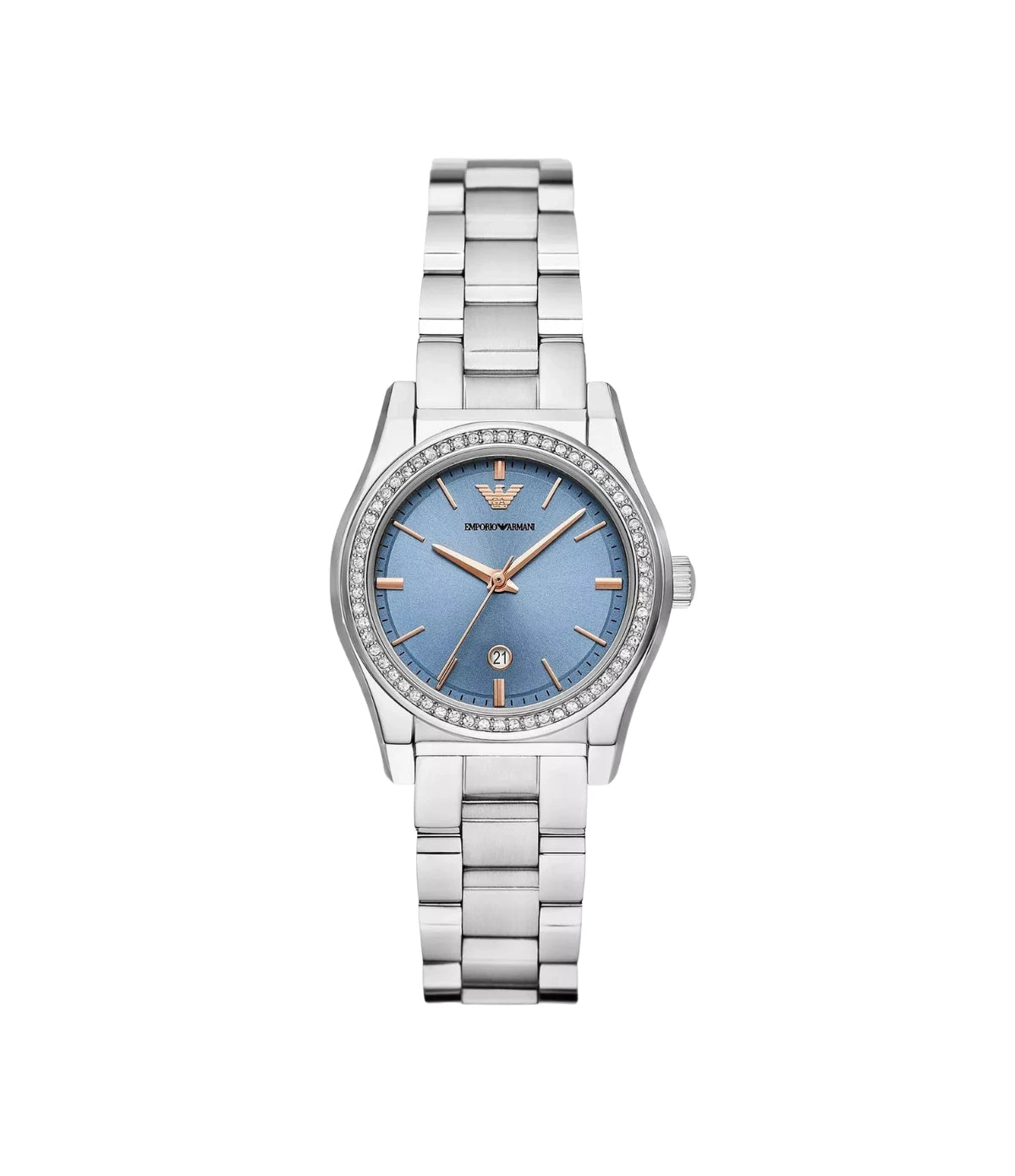 Emporio Armani Federica AR11593 front view - women's watch with blue dial and silver stainless steel bracelet, available in Sri Lanka at TimeVault