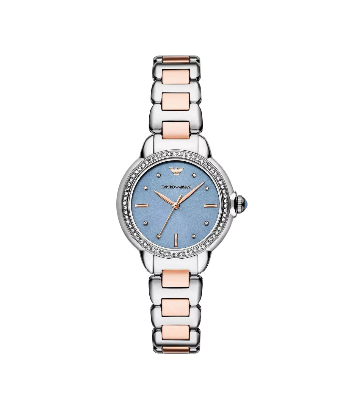 Emporio Armani Mia AR11597 front view - women's watch with blue dial and two-tone silver/gold stainless steel bracelet, available in Sri Lanka at TimeVault