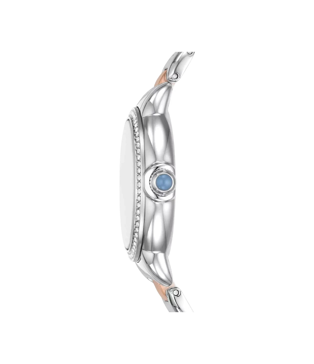 Side profile of the Emporio Armani Mia AR11597 showing the two-tone silver/gold case, 32mm case and two-tone silver/gold stainless steel bracelet