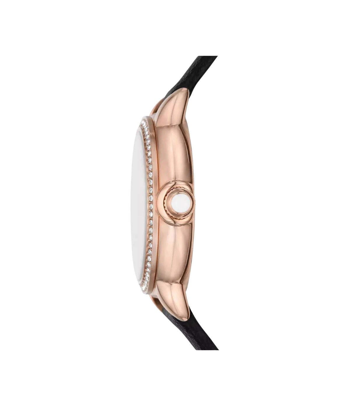 Side profile of the Emporio Armani Mia AR11598 showing the rose gold case, 32mm case and black genuine leather strap