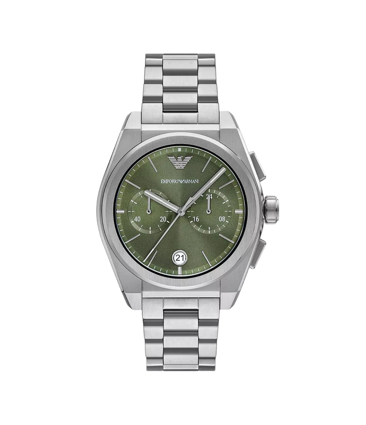 Emporio Armani Federico AR11640 front view - men's watch with green dial and silver stainless steel bracelet, available in Sri Lanka at TimeVault