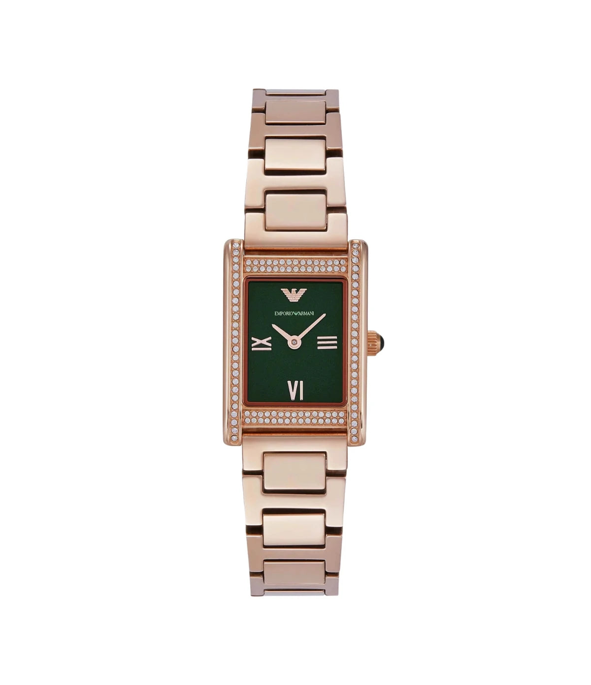 Emporio Armani AR11641 front view - women's watch with green dial and rose gold stainless steel bracelet, available in Sri Lanka at TimeVault