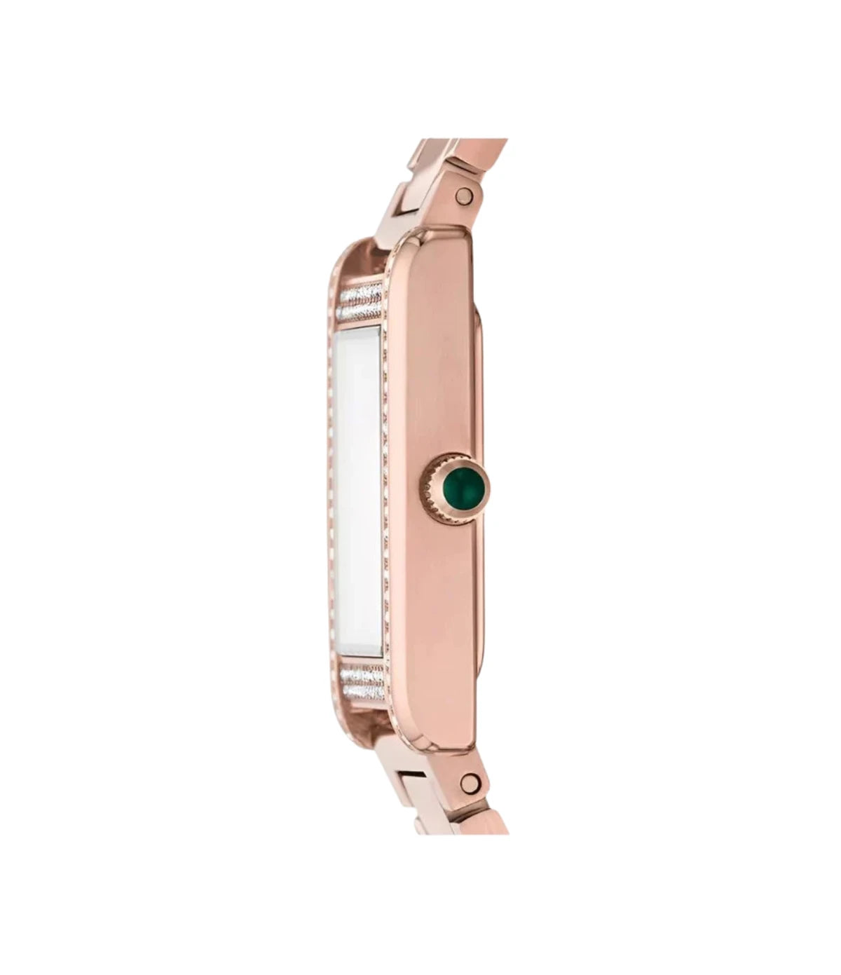 Side profile of the Emporio Armani AR11641 showing the rose gold case, 22 x 32mm case and rose gold stainless steel bracelet