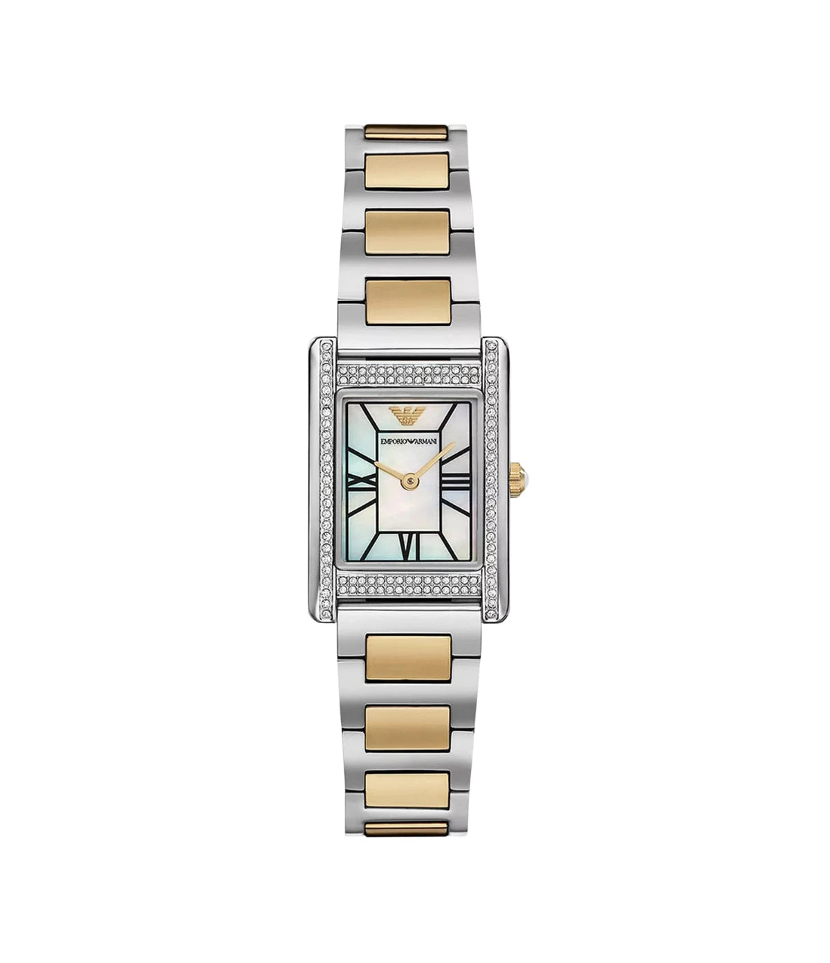 Emporio Armani Genni AR11642 front view - women's watch with mother-of-pearl dial and silver/gold stainless steel bracelet, available in Sri Lanka at TimeVault