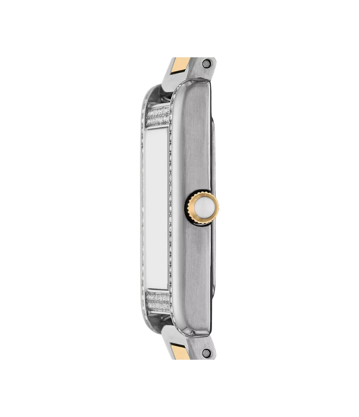 Side profile of the Emporio Armani Genni AR11642 showing the silver case, 22 x 32mm case and silver/gold stainless steel bracelet