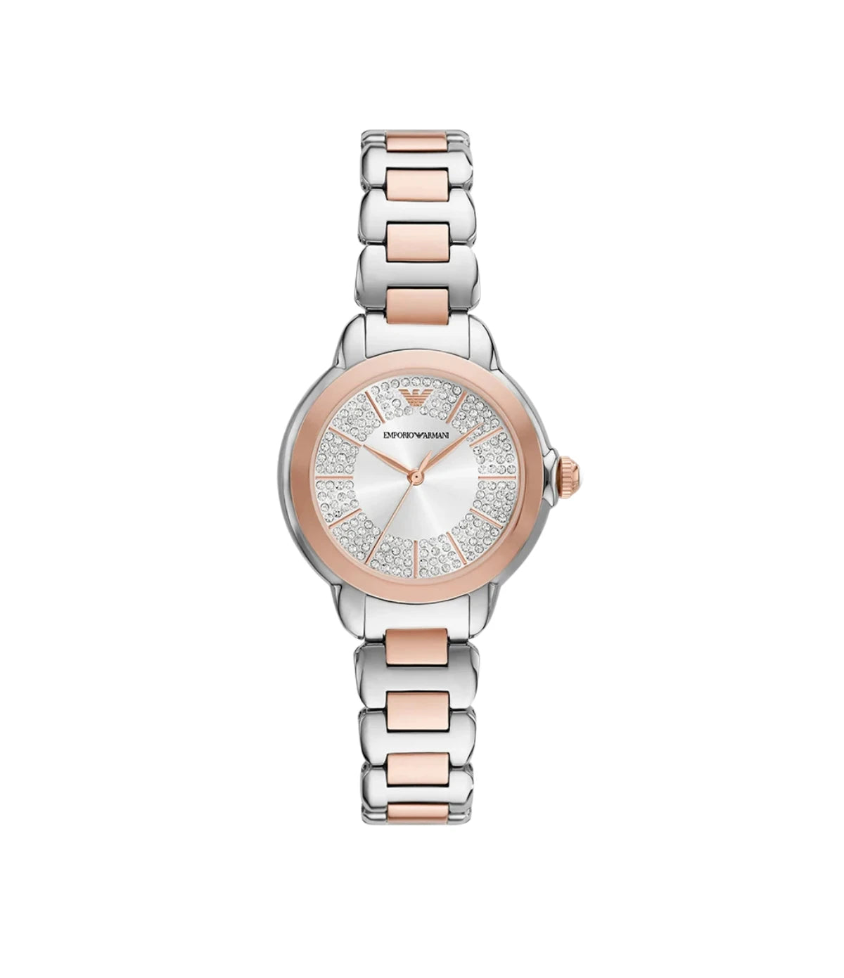 Emporio Armani Mia AR11643 front view - women's watch with silver dial and two-tone silver/gold stainless steel bracelet, available in Sri Lanka at TimeVault