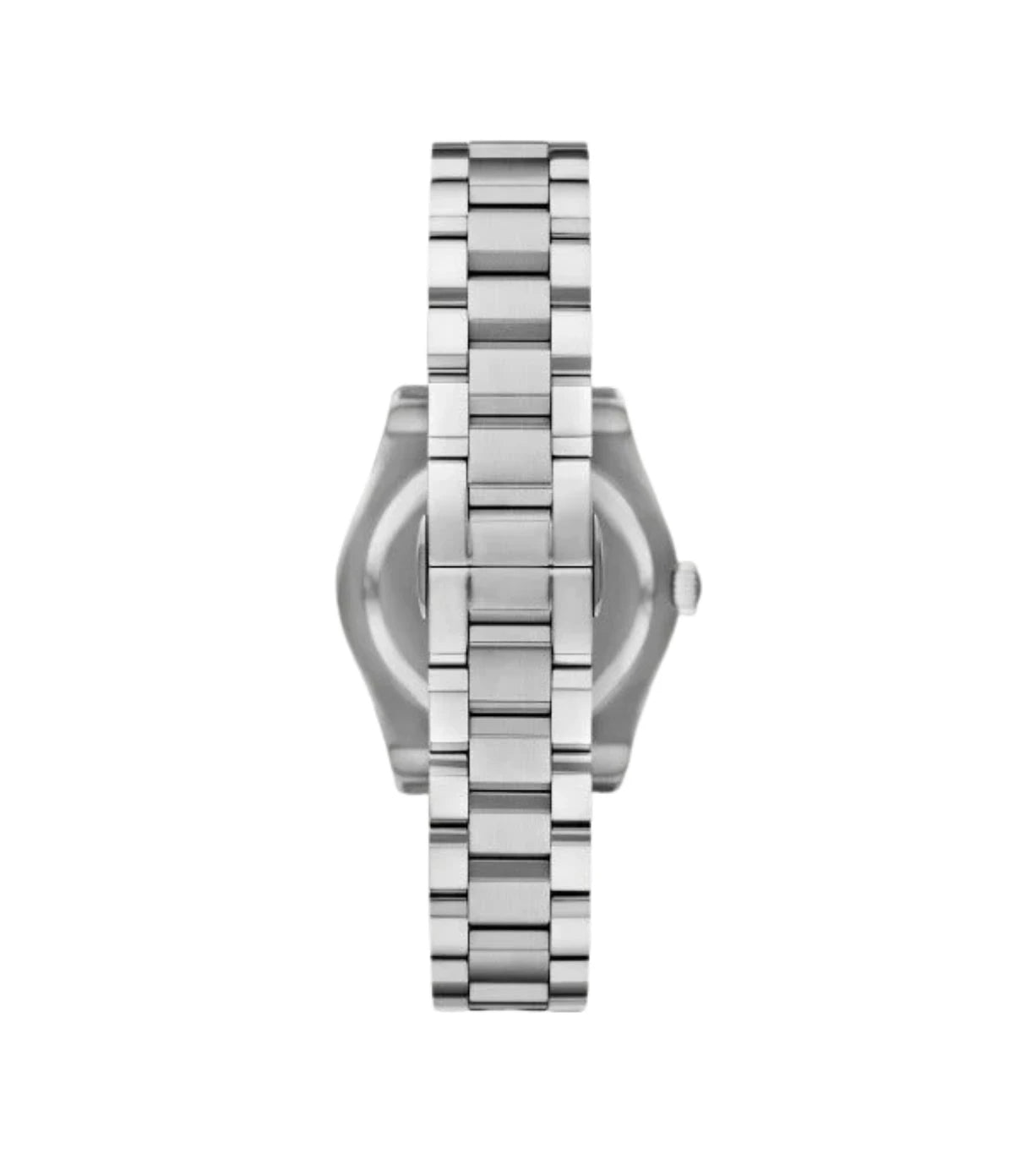 Back view of the Emporio Armani Federica AR11656 showing the silver case and silver stainless steel bracelet