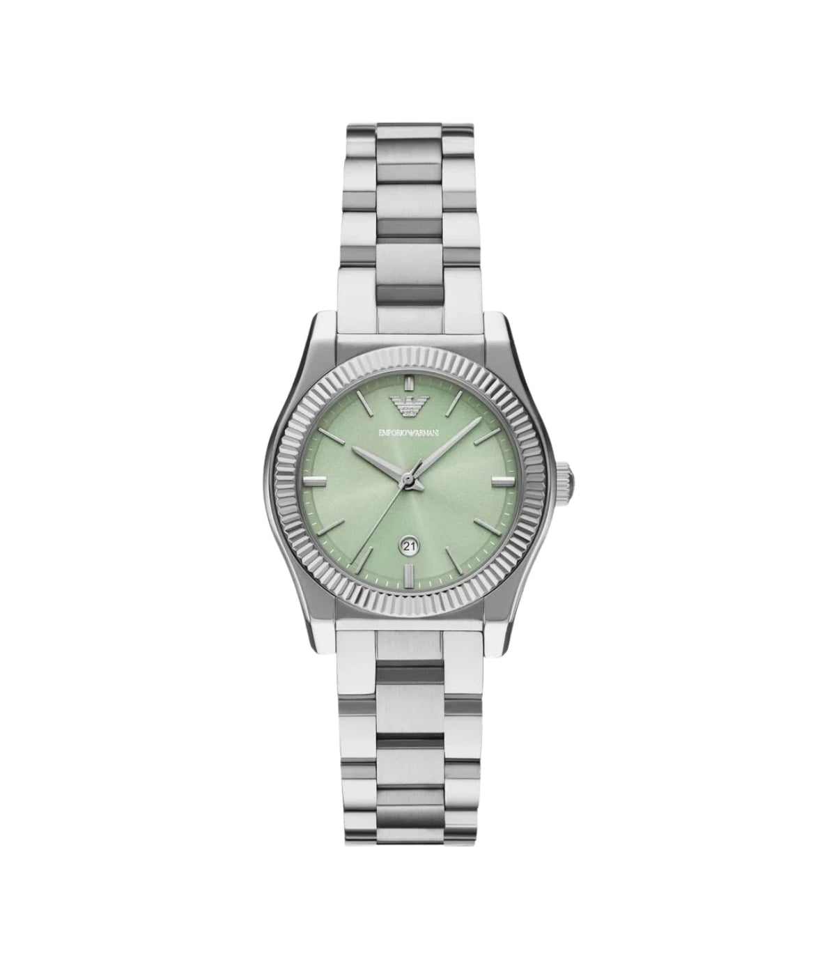 Emporio Armani Federica AR11656 front view - women's watch with green dial and silver stainless steel bracelet, available in Sri Lanka at TimeVault