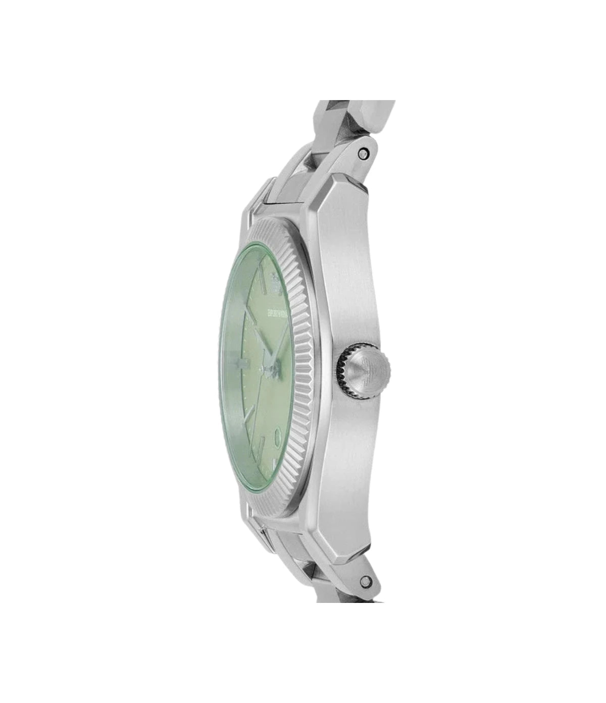 Side profile of the Emporio Armani Federica AR11656 showing the silver case, 32mm case and silver stainless steel bracelet