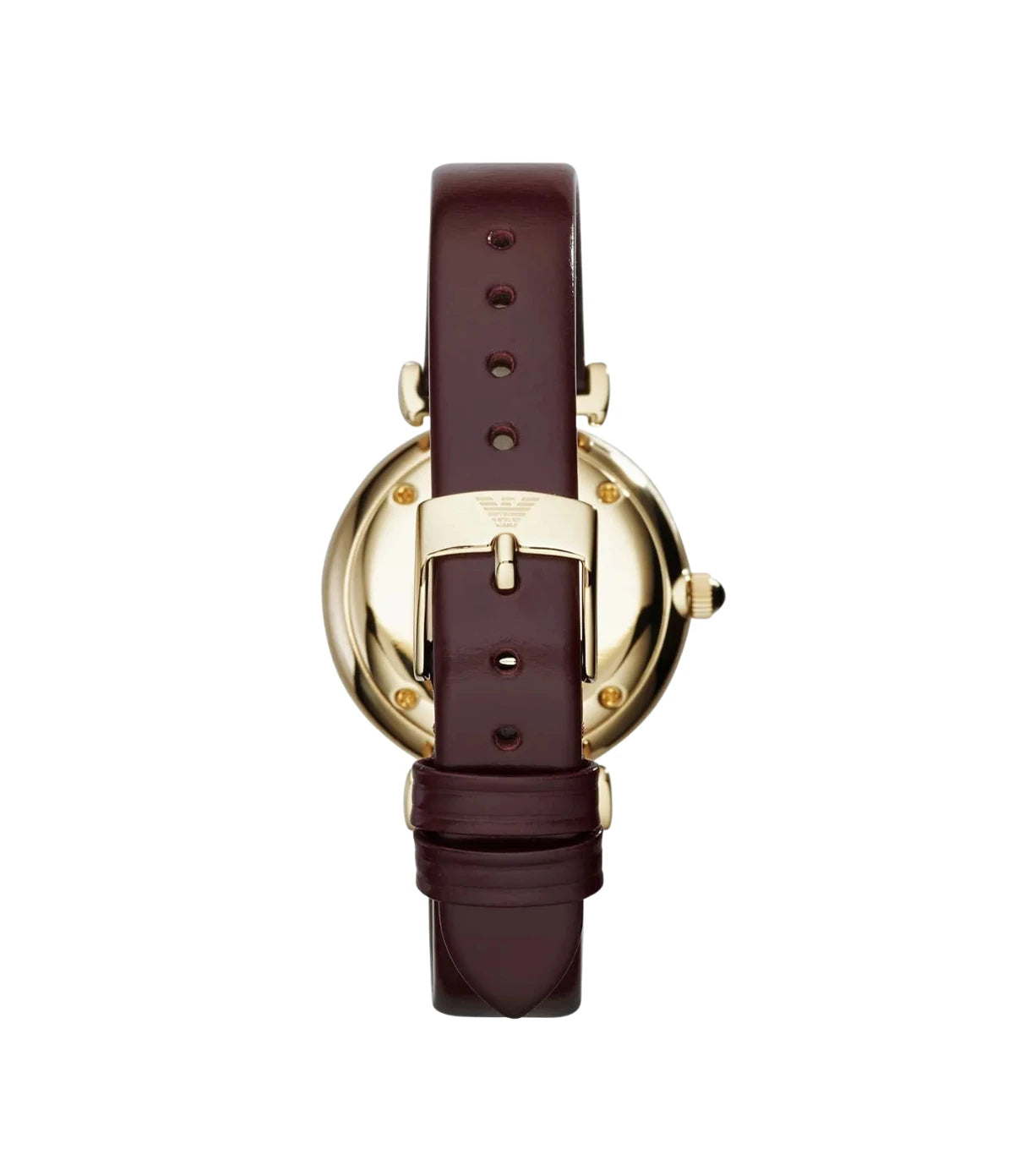 Back view of the Emporio Armani Gianni T-Bar AR1757 showing the rose gold case and burgundy genuine leather strap