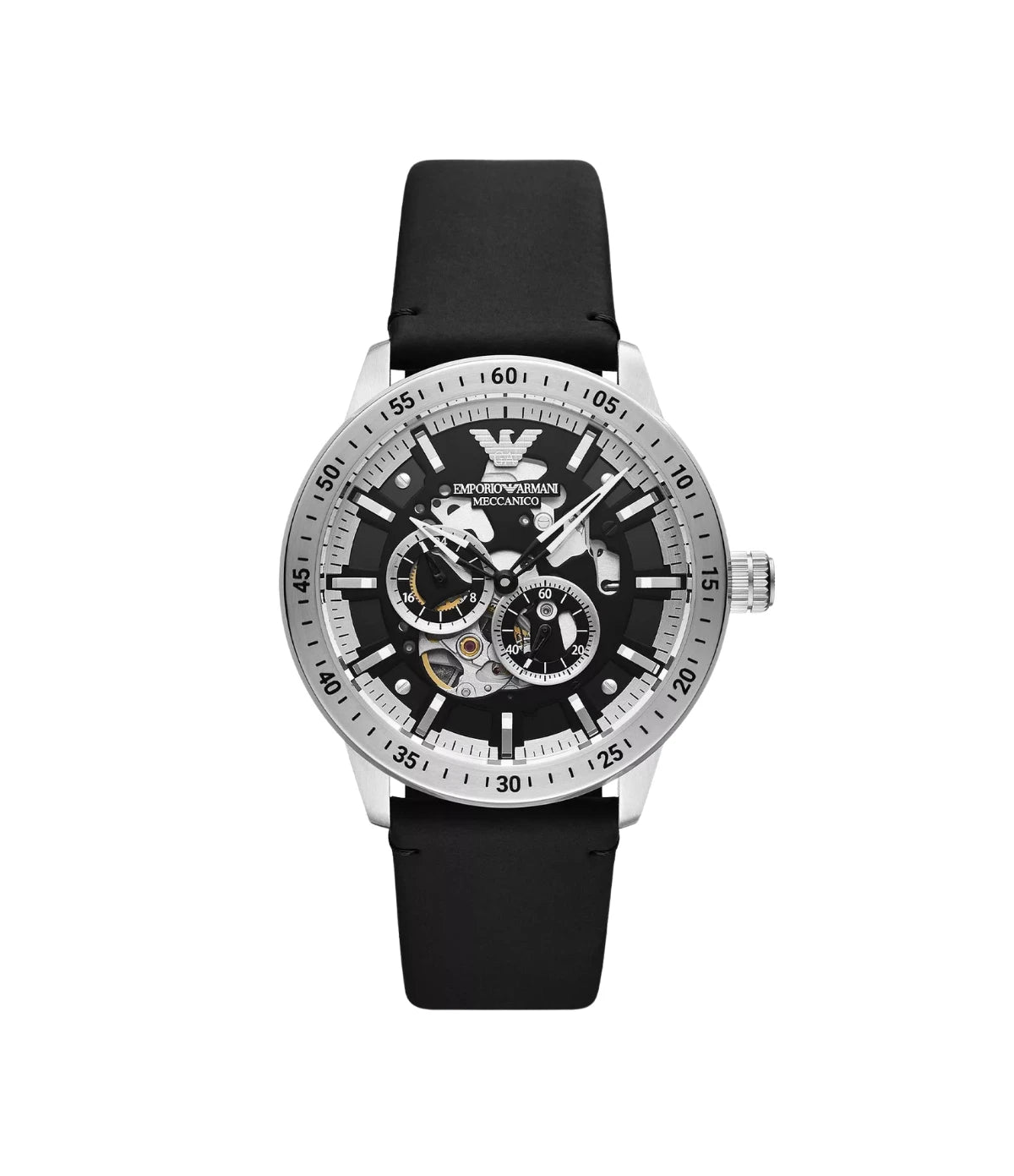 Emporio Armani Mario Meccanico AR60051 front view - men's watch with black skeleton dial and black genuine leather strap, available in Sri Lanka at TimeVault
