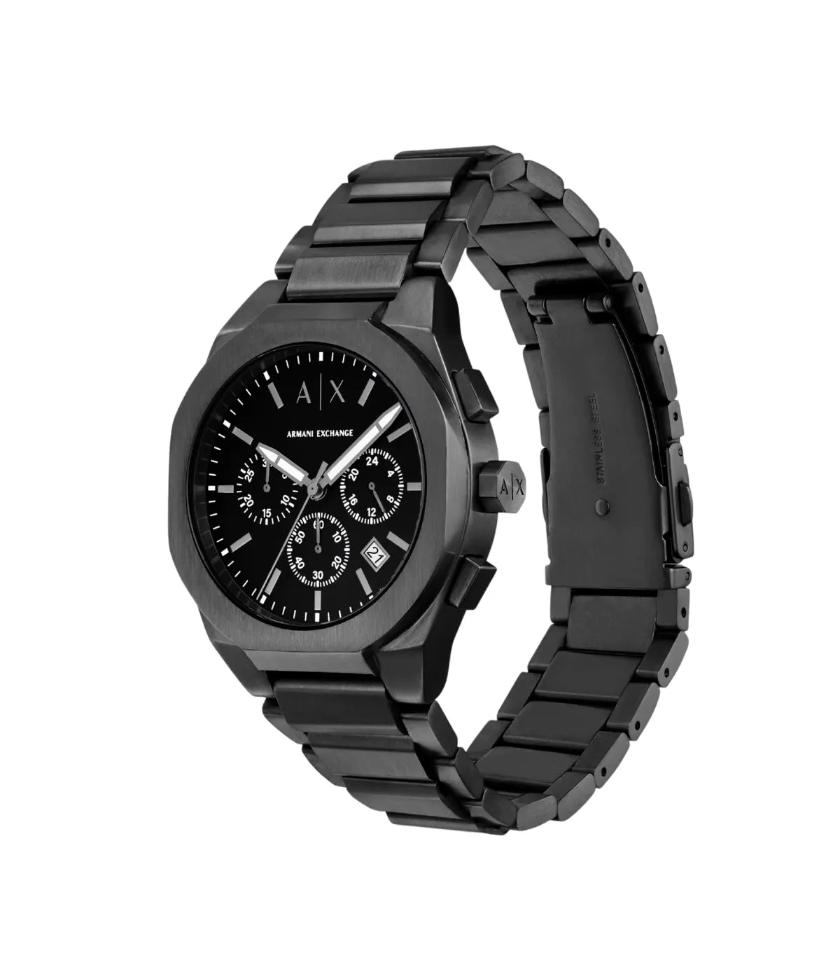 Armani Exchange Sync AX4183 side profile showing the case, 42mm japanese quartz chronograph watch with black stainless steel - shop at TimeVault Sri Lanka