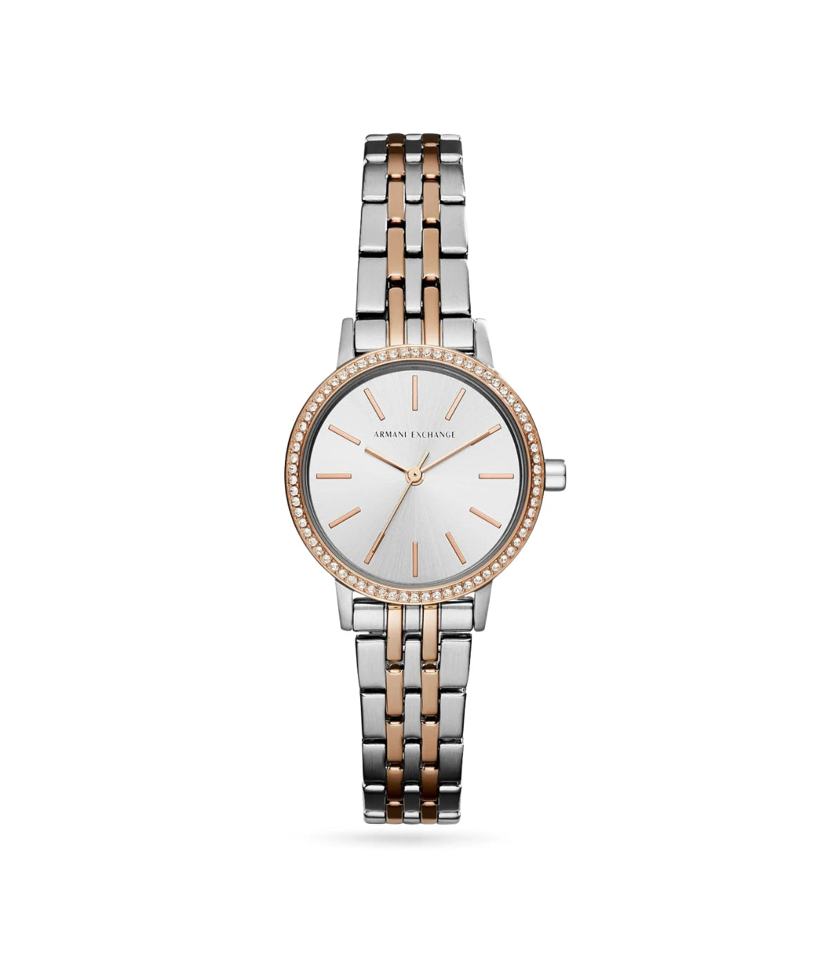 Armani Exchange Lola AX5542 front view - women's silver watch with rose gold two-tone stainless steel bracelet and silver dial, available in Sri Lanka at TimeVault