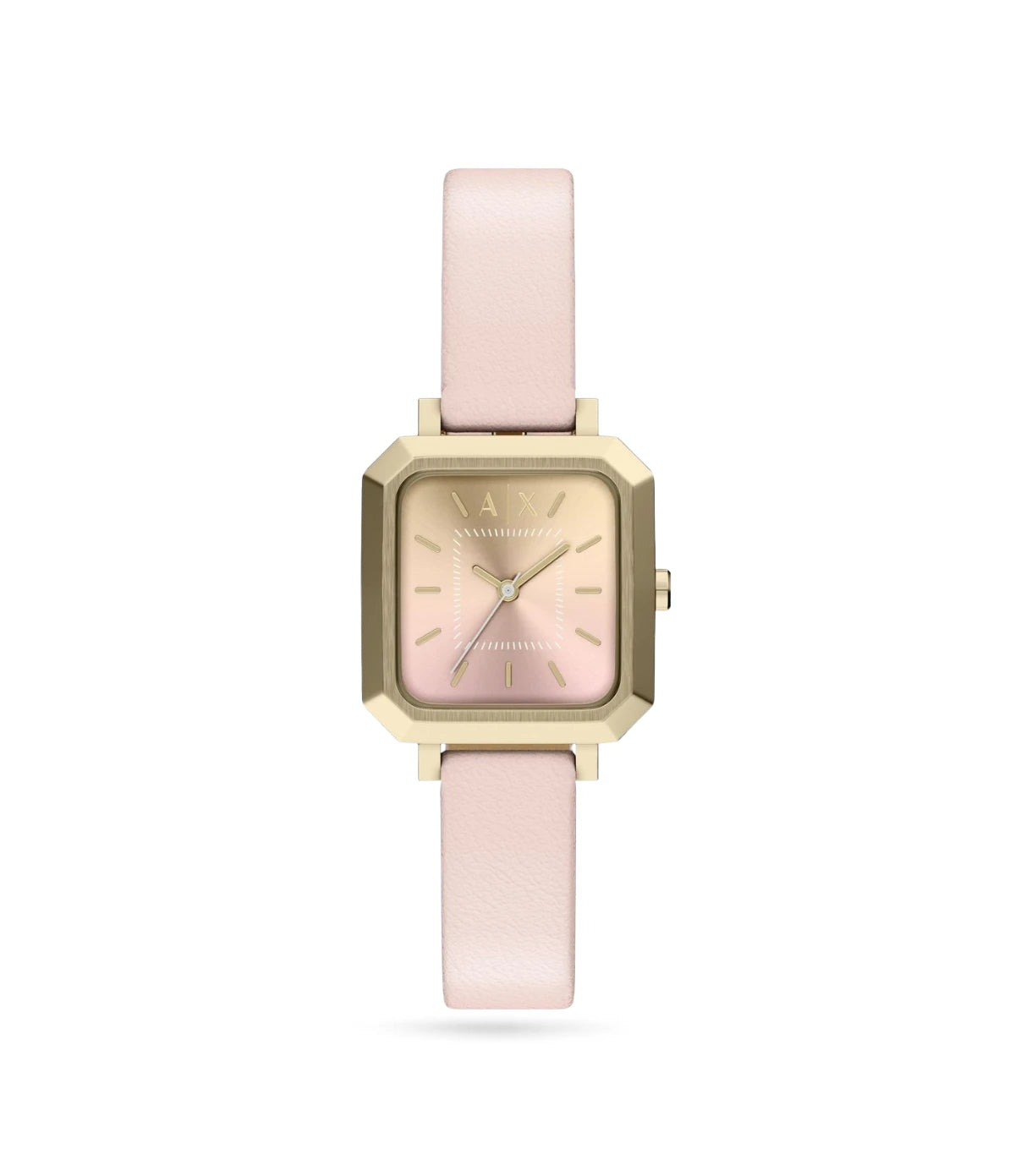 Armani Exchange Leila AX5737 front view - women's gold-tone watch with multi-tone dial and pink leather strap, available in Sri Lanka at TimeVault
