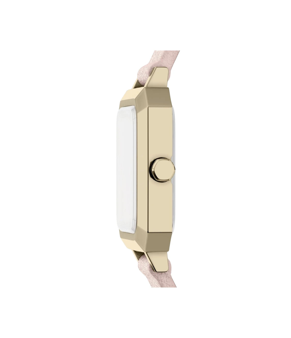 Side profile of the Armani Exchange Leila AX5737 showing the gold-tone case and pink leather strap thickness
