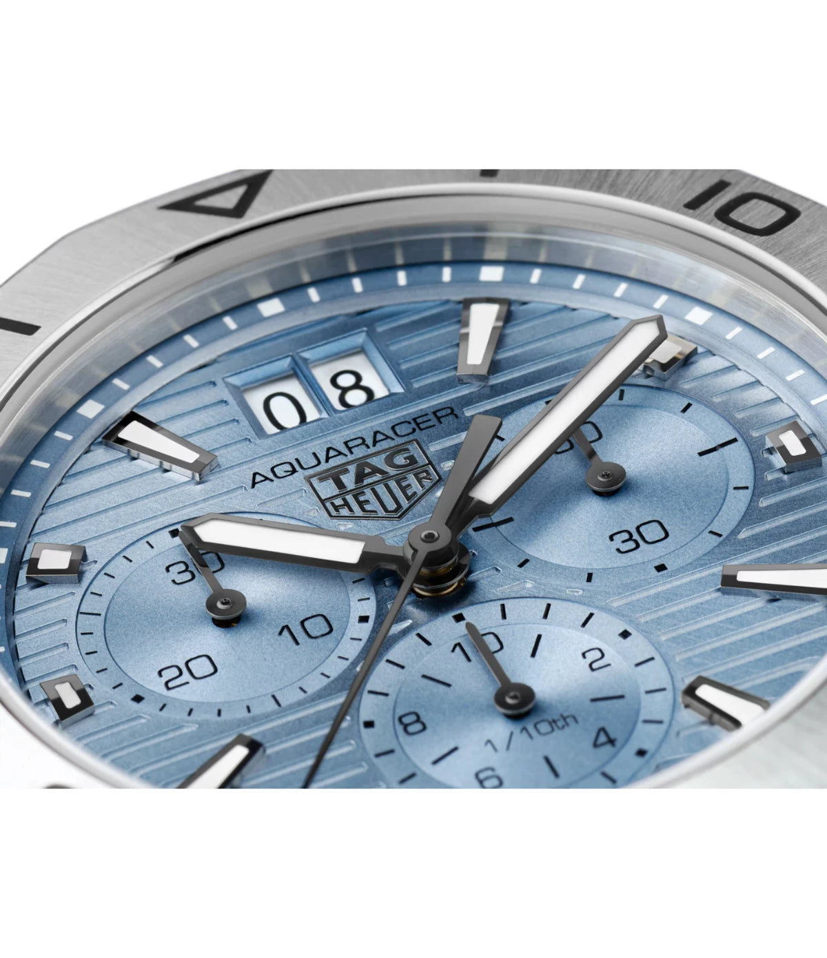 Close-up of the light blue sunray brushed streaked dial on the TAG Heuer Aquaracer Professional 200 Chronograph CBP1112.BA0627 showing three sub-counters