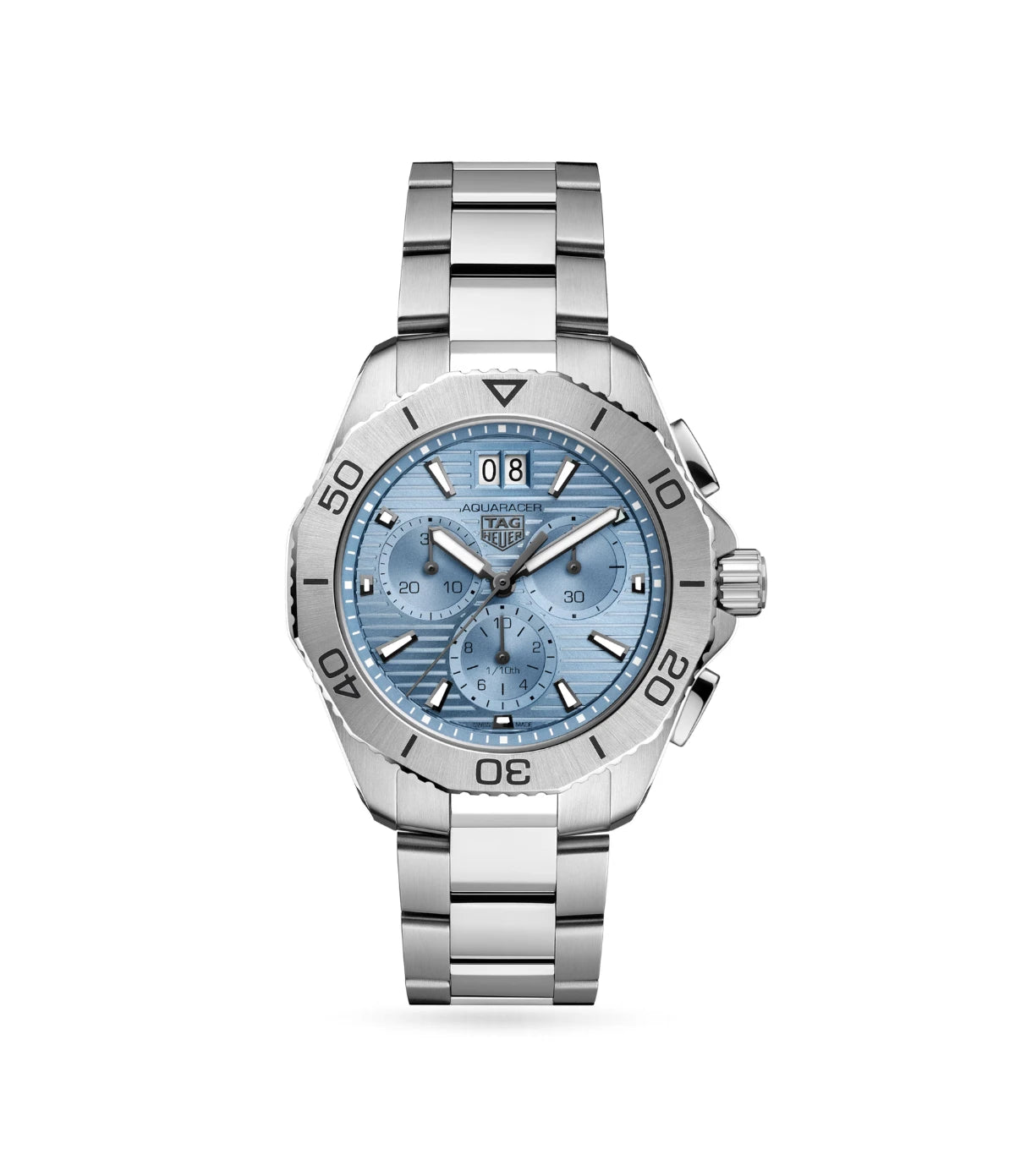 TAG Heuer Aquaracer Professional 200 Chronograph CBP1112.BA0627 front view - men's 40mm steel quartz chronograph dive watch with light blue streaked dial, available in Sri Lanka at TimeVault