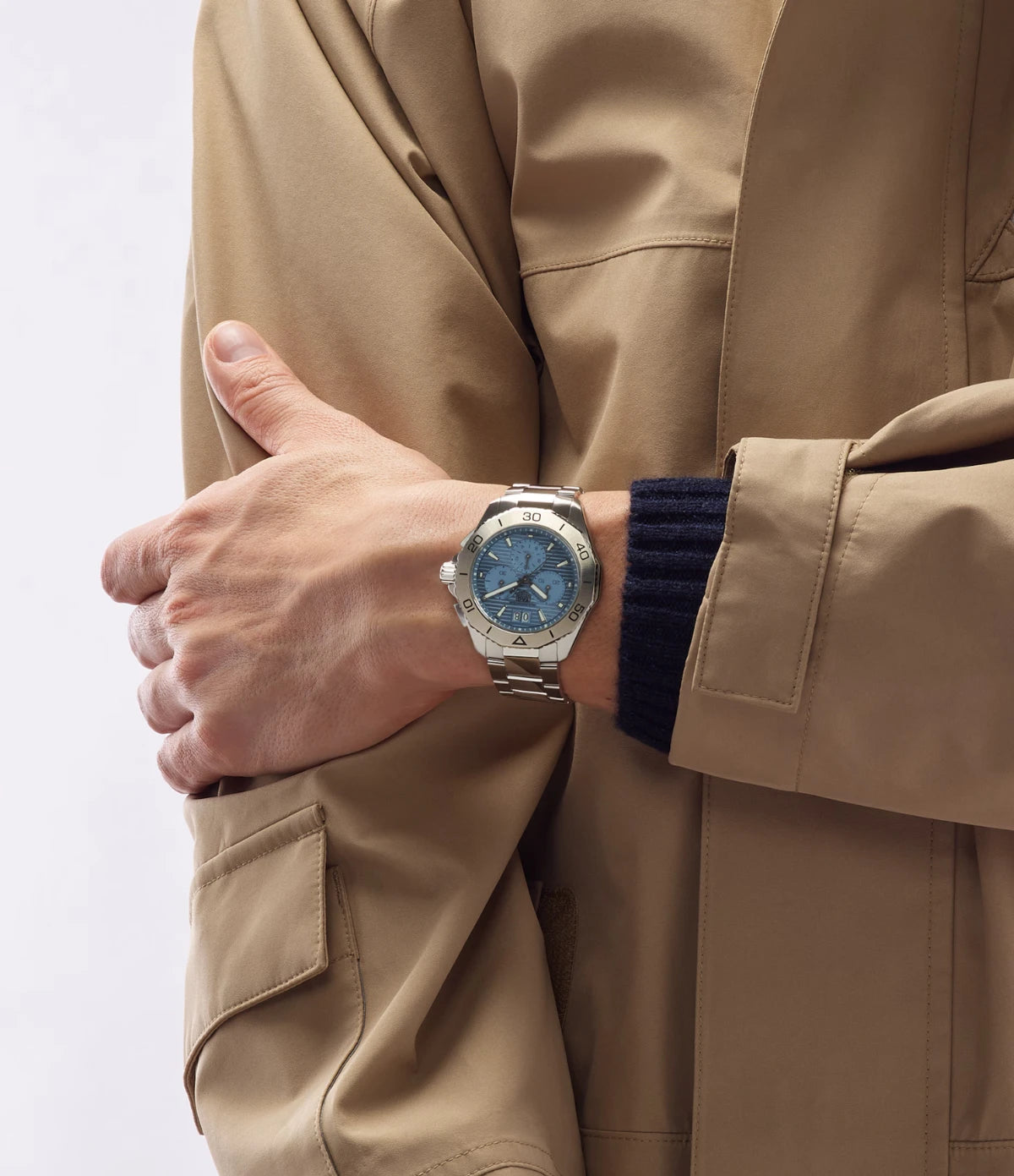 TAG Heuer Aquaracer Professional 200 Chronograph CBP1112.BA0627 worn on the wrist, showing 40mm case proportions and light blue dial